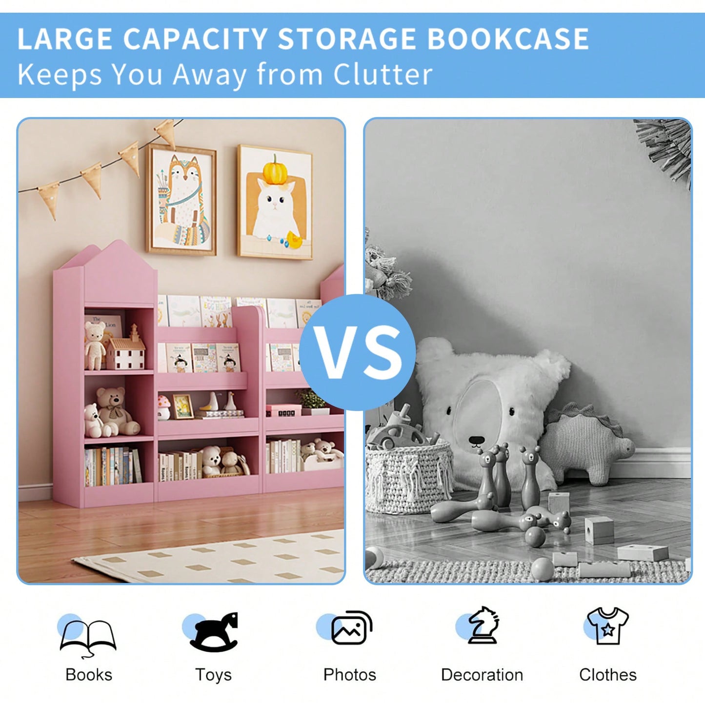 Wooden Kids Bookshelf And Toy Storage Organizer With 6 Compartments And Baskets For Books And Toys
