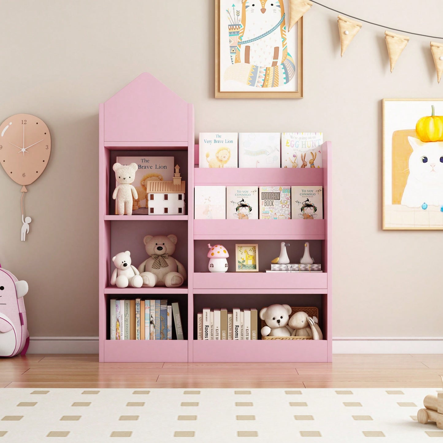 Wooden Kids Bookshelf And Toy Storage Organizer With 6 Compartments And Baskets For Books And Toys