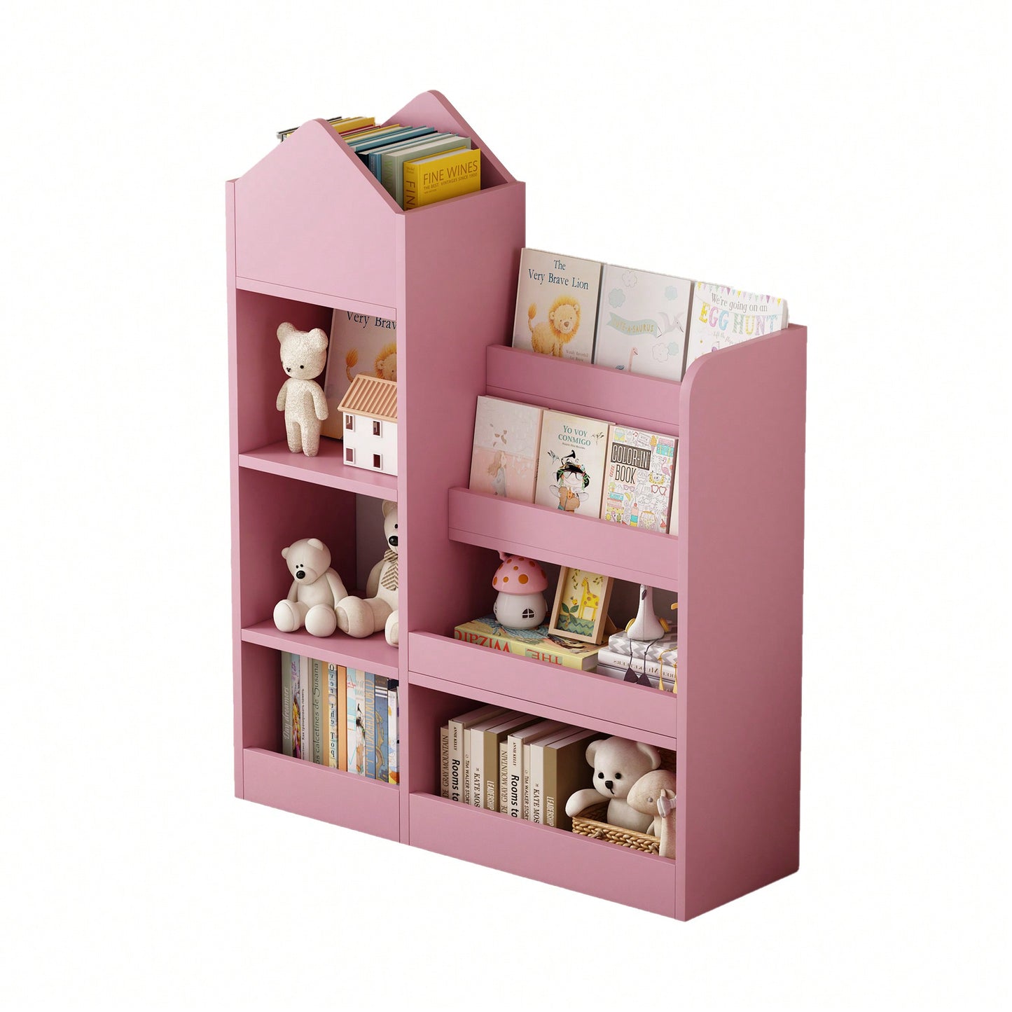 Wooden Kids Bookshelf And Toy Storage Organizer With 6 Compartments And Baskets For Books And Toys