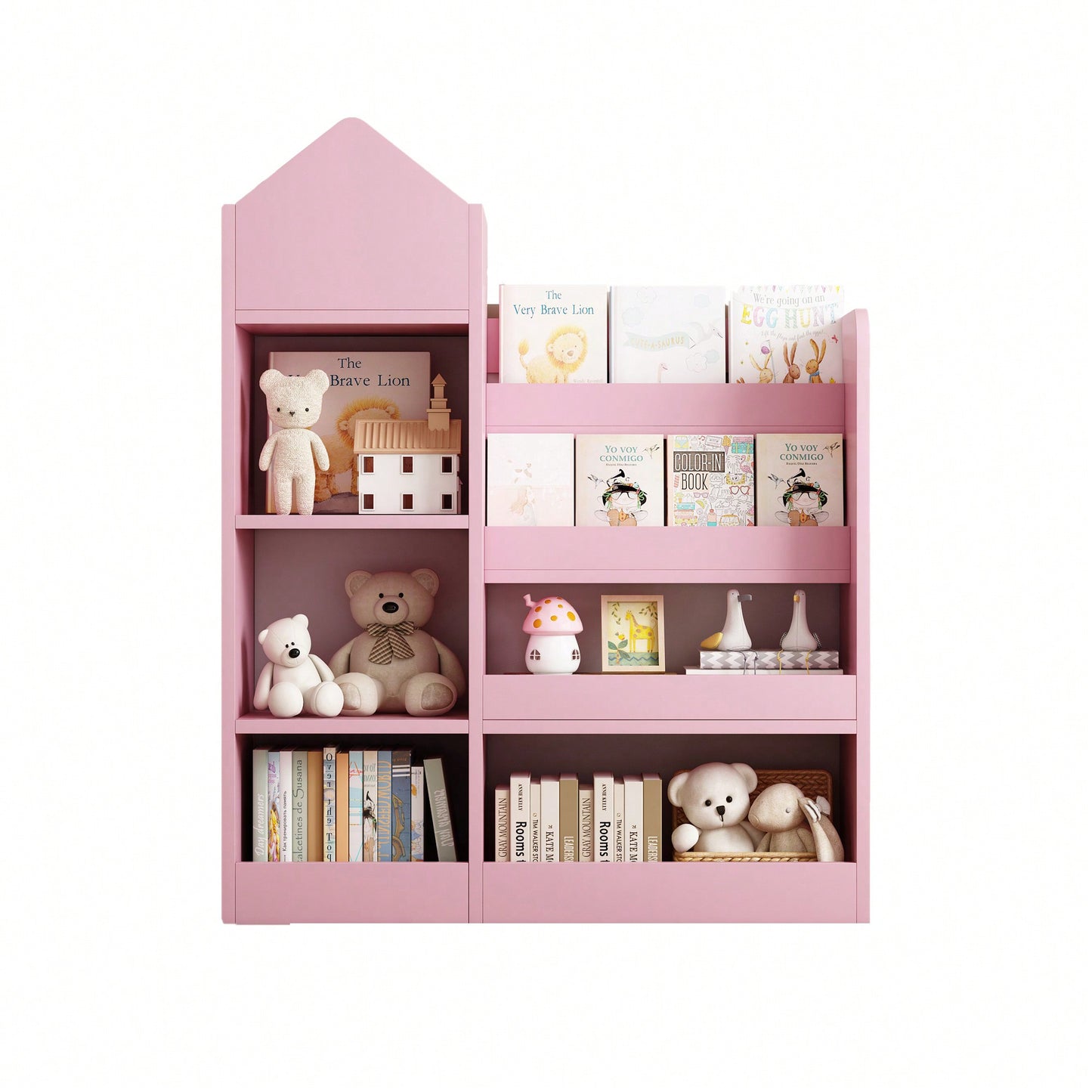 Wooden Kids Bookshelf And Toy Storage Organizer With 6 Compartments And Baskets For Books And Toys