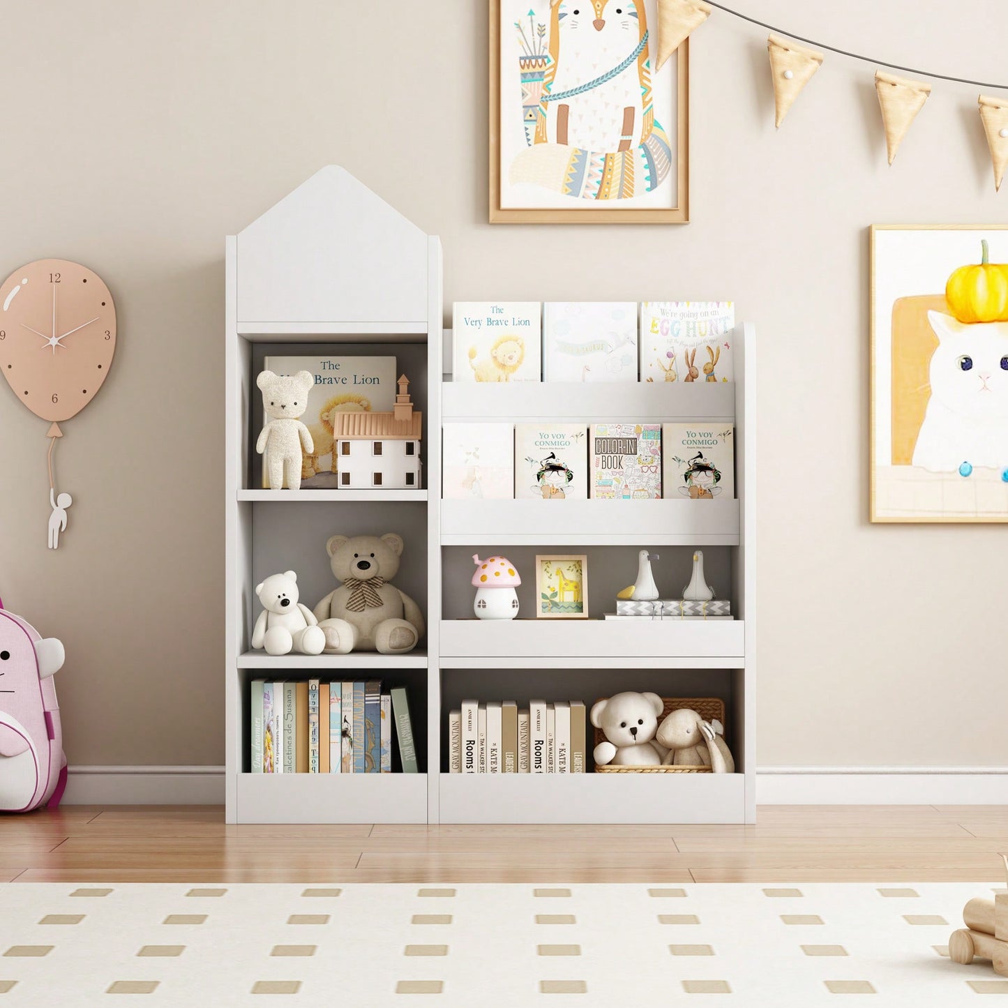 Wooden Kids Bookshelf And Toy Storage Organizer With 6 Compartments And Baskets For Books And Toys
