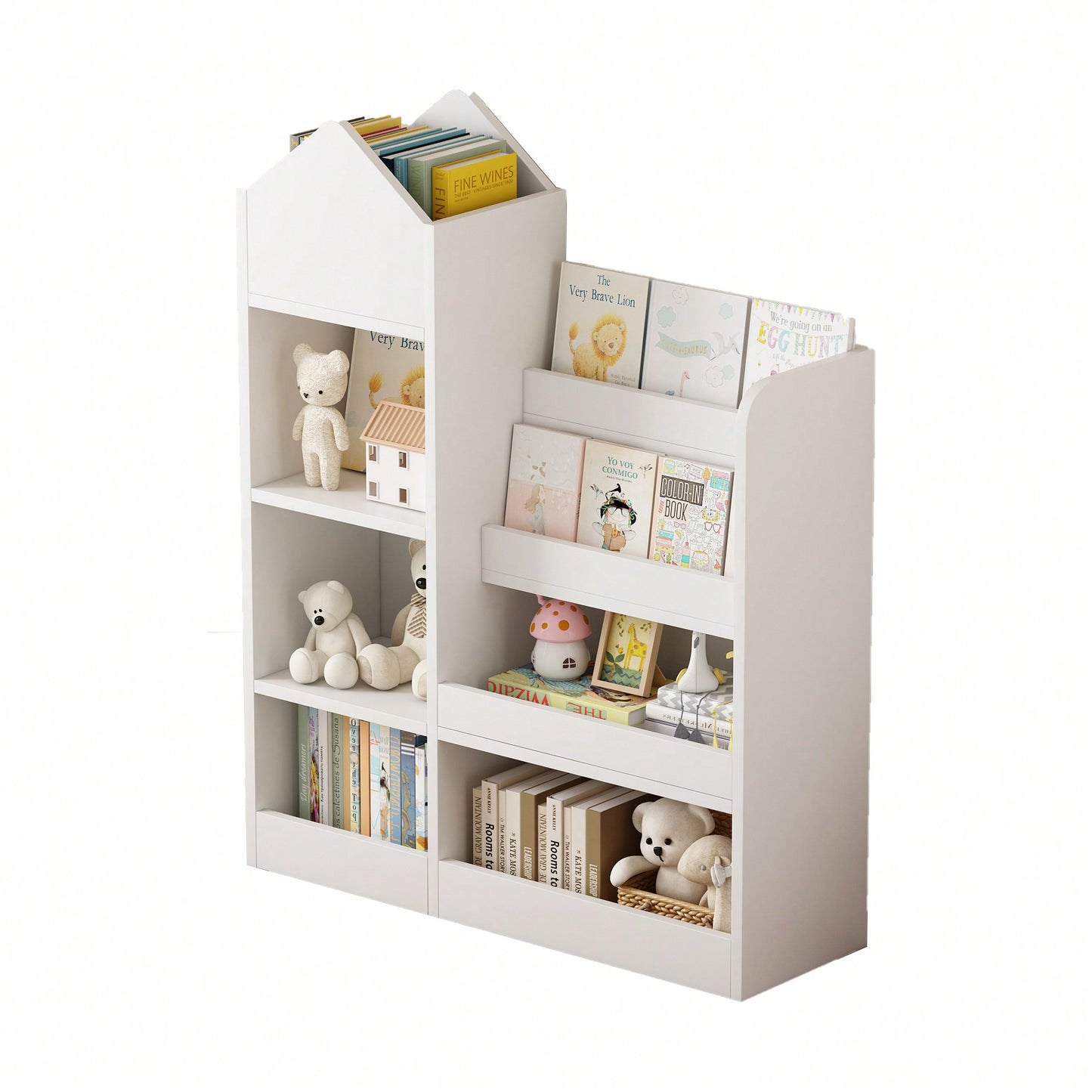 Wooden Kids Bookshelf And Toy Storage Organizer With 6 Compartments And Baskets For Books And Toys