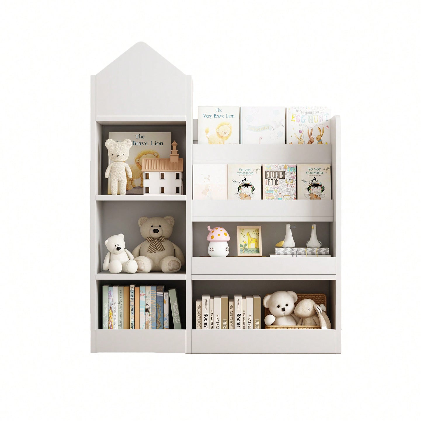 Wooden Kids Bookshelf And Toy Storage Organizer With 6 Compartments And Baskets For Books And Toys