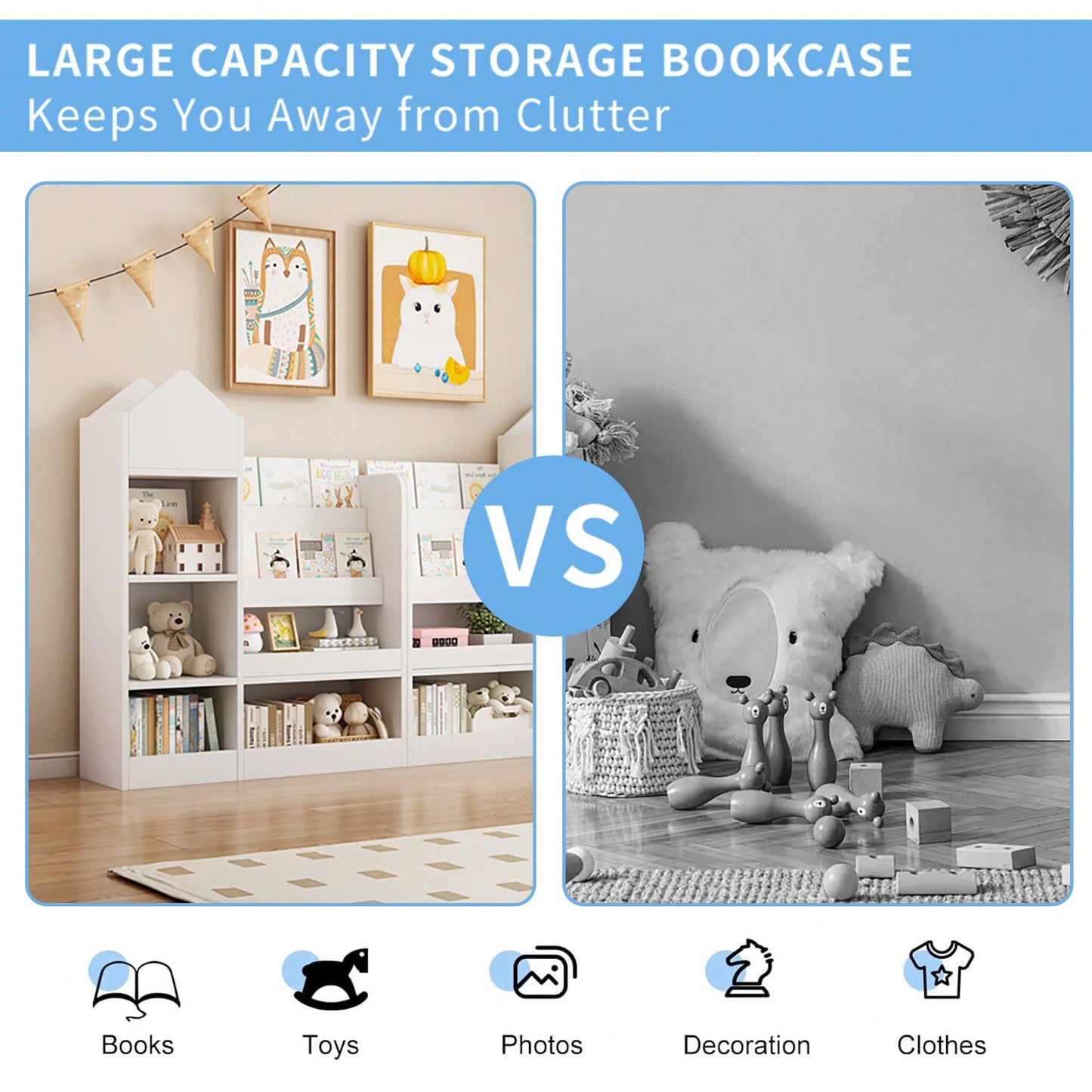 Wooden Kids Bookshelf And Toy Storage Organizer With 6 Compartments And Baskets For Books And Toys