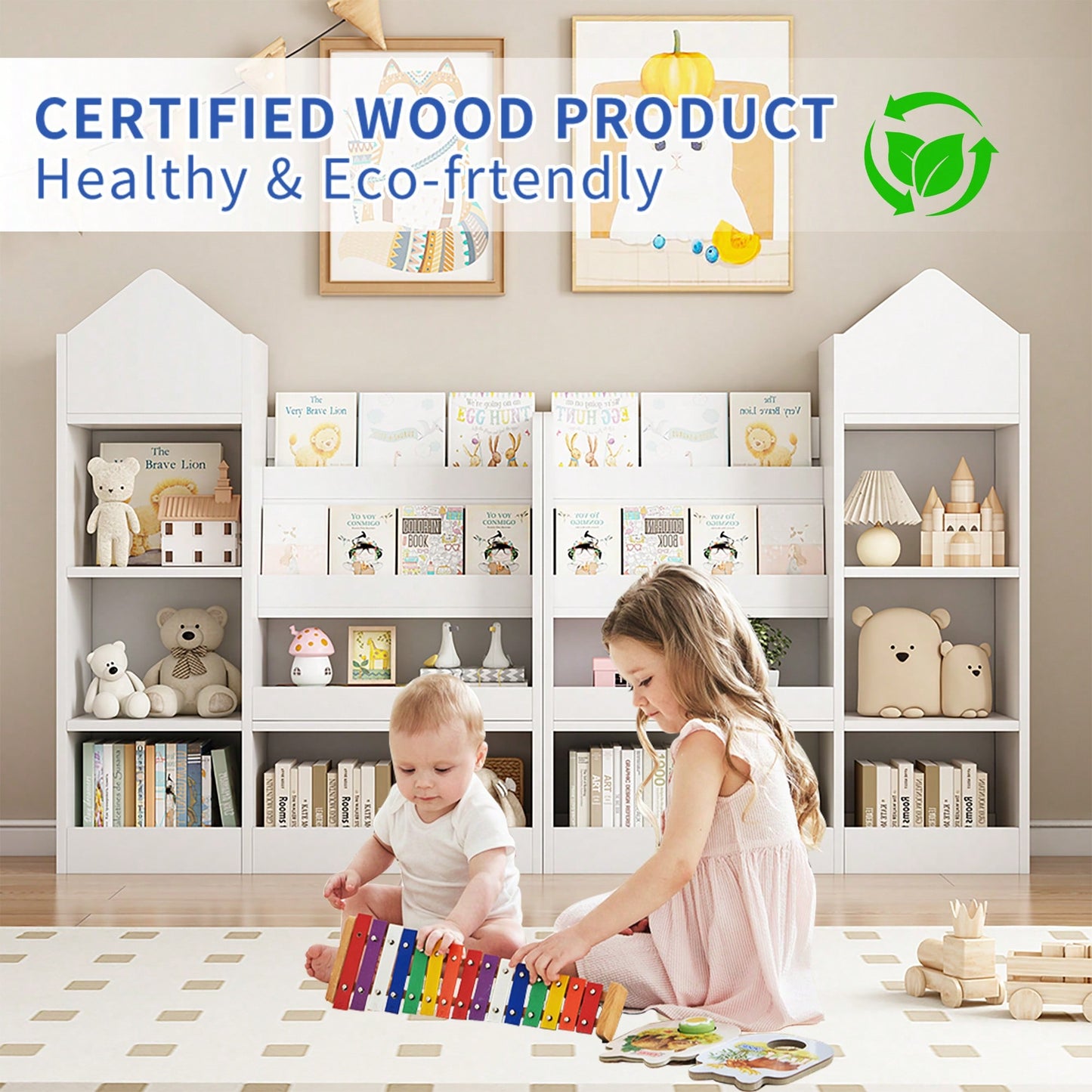 Wooden Kids Bookshelf And Toy Storage Organizer With 6 Compartments And Baskets For Books And Toys
