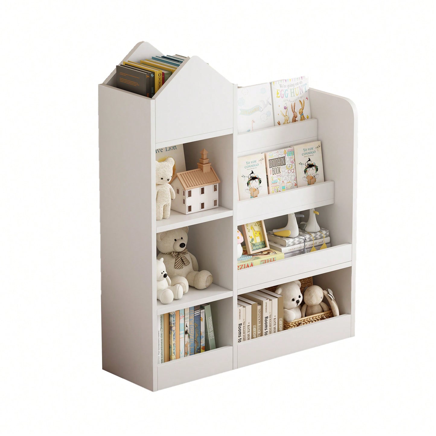 Wooden Kids Bookshelf And Toy Storage Organizer With 6 Compartments And Baskets For Books And Toys