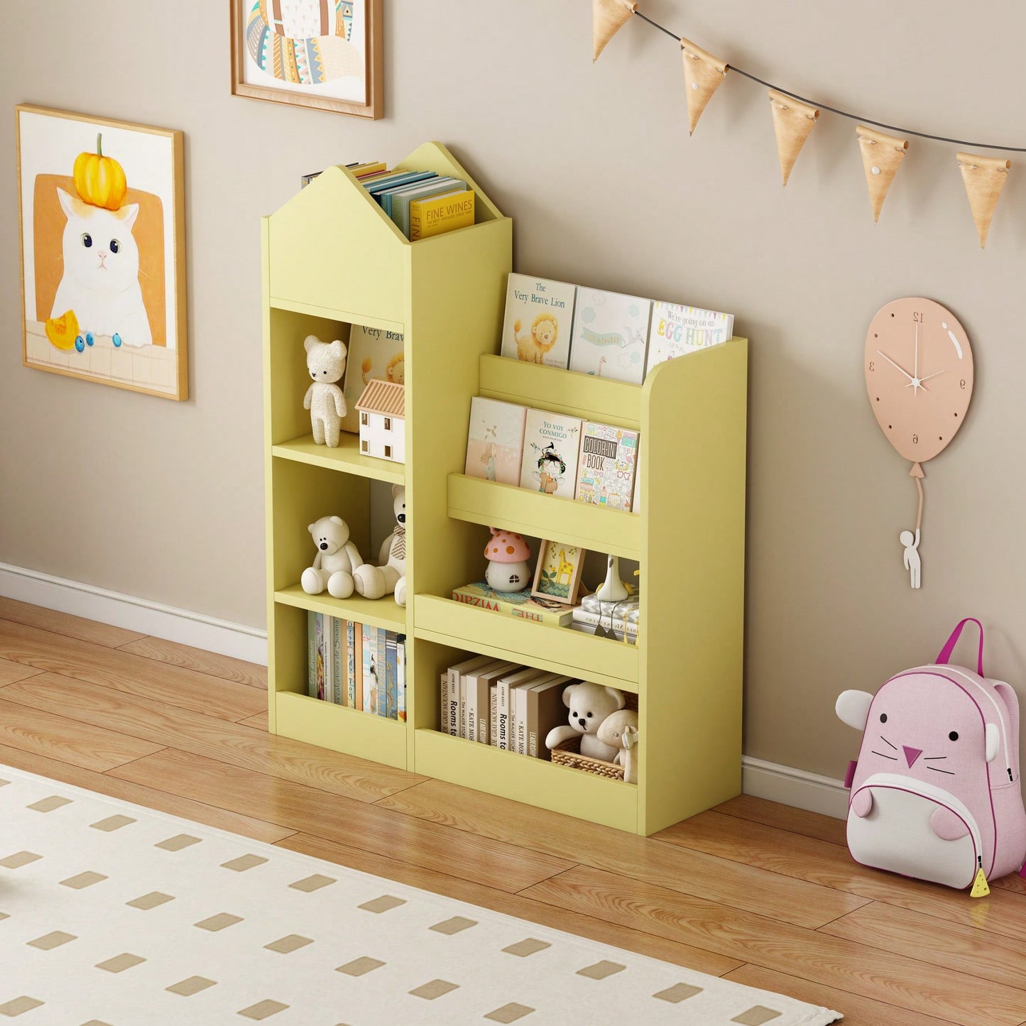 Wooden Kids Bookshelf And Toy Storage Organizer With 6 Compartments And Baskets For Books And Toys