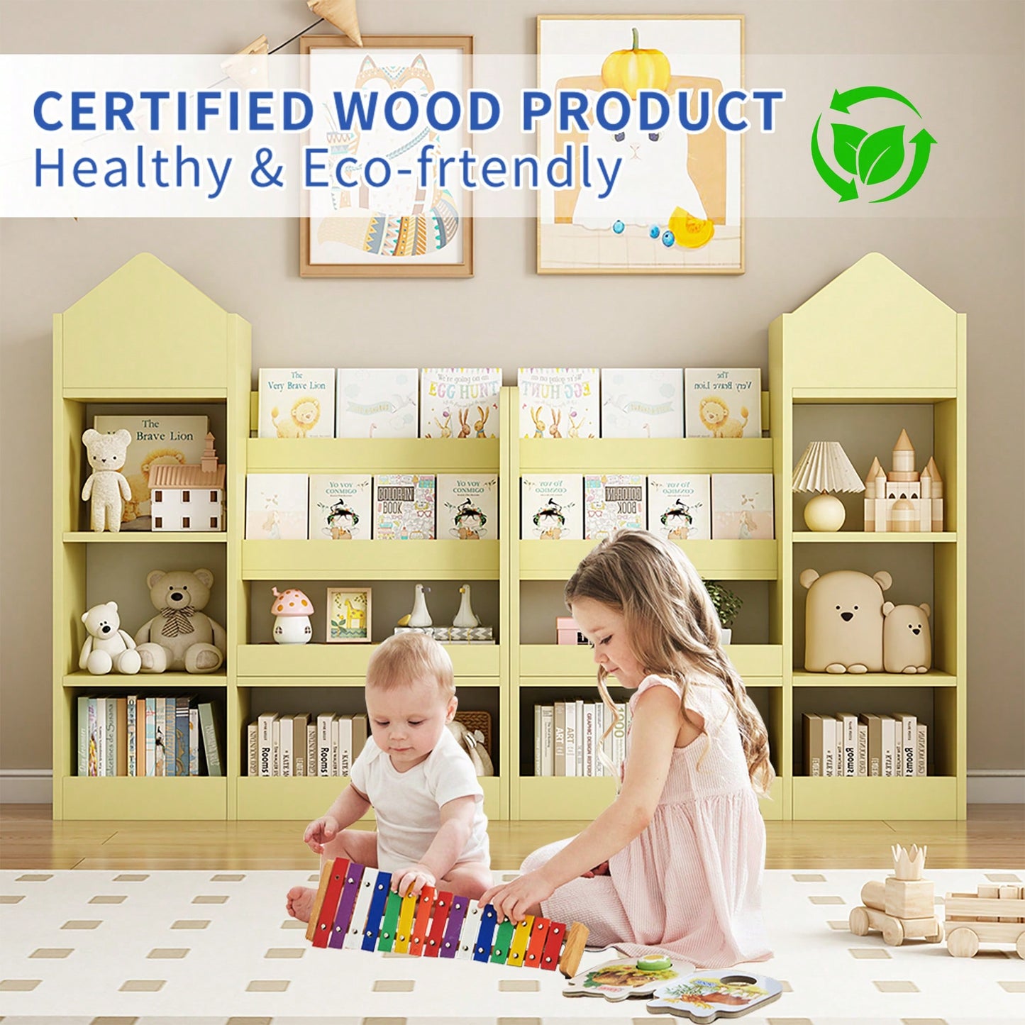 Wooden Kids Bookshelf And Toy Storage Organizer With 6 Compartments And Baskets For Books And Toys