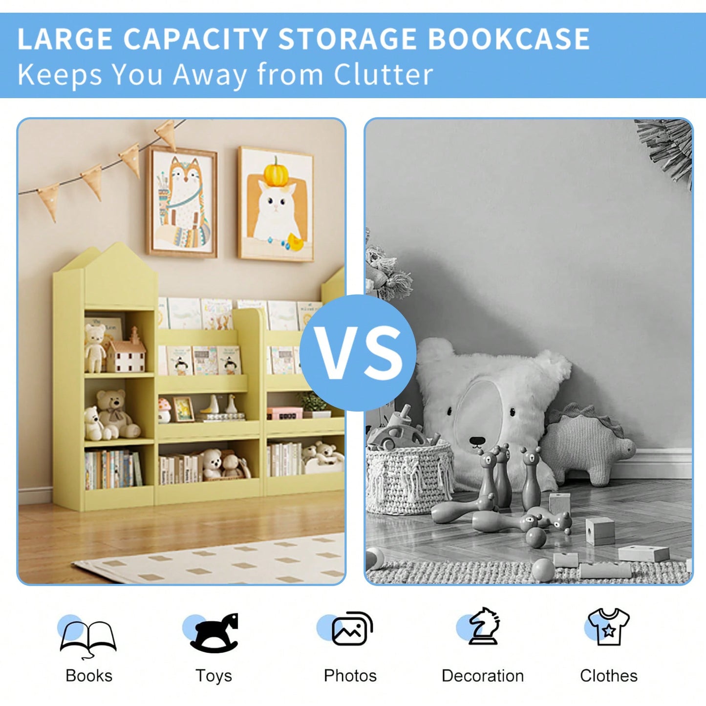 Wooden Kids Bookshelf And Toy Storage Organizer With 6 Compartments And Baskets For Books And Toys