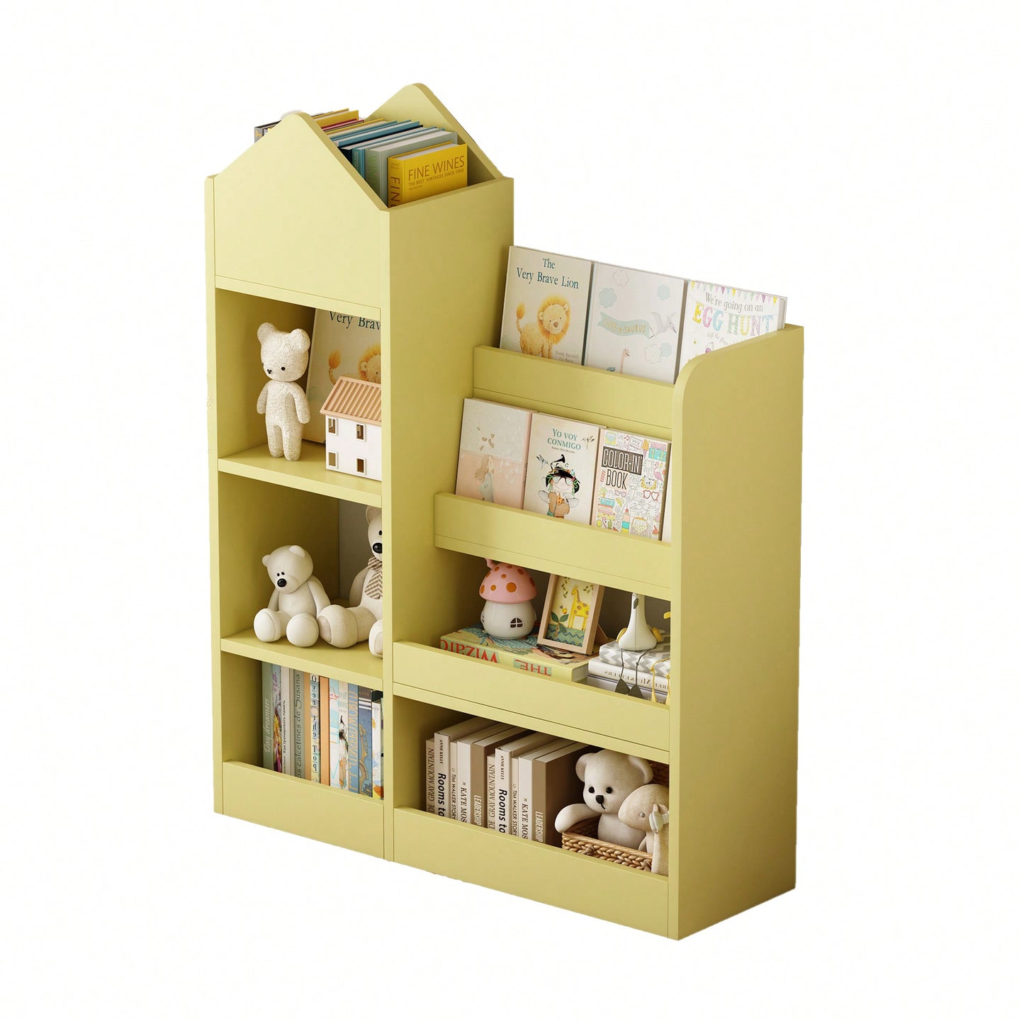 Wooden Kids Bookshelf And Toy Storage Organizer With 6 Compartments And Baskets For Books And Toys