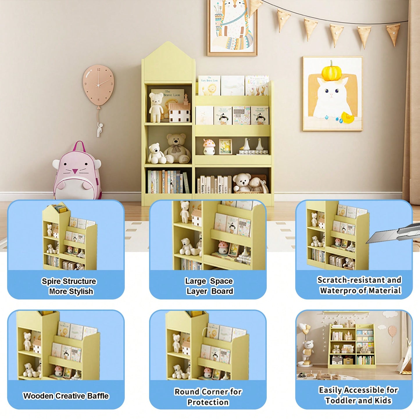 Wooden Kids Bookshelf And Toy Storage Organizer With 6 Compartments And Baskets For Books And Toys
