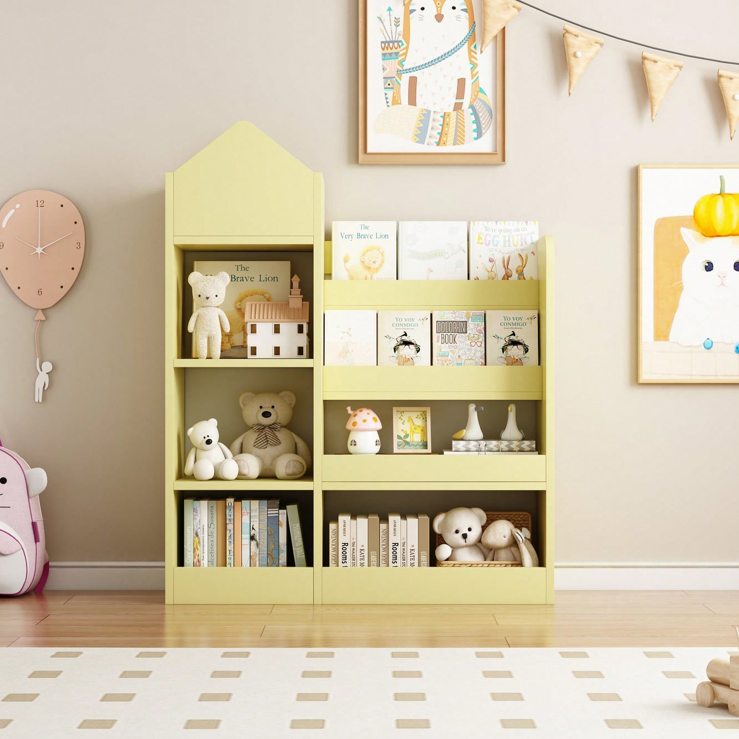 Wooden Kids Bookshelf And Toy Storage Organizer With 6 Compartments And Baskets For Books And Toys