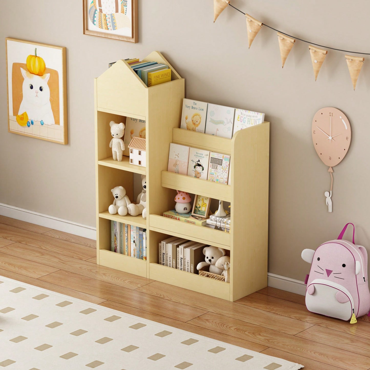 Wooden Kids Bookshelf And Toy Storage Organizer With 6 Compartments And Baskets For Books And Toys