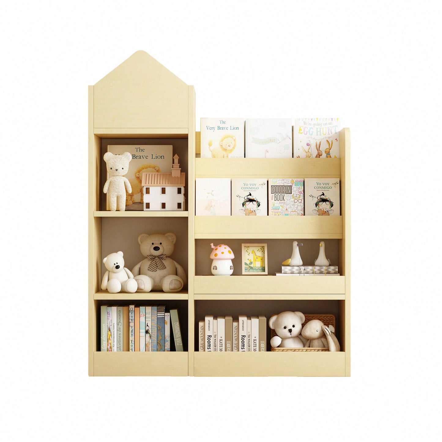 Wooden Kids Bookshelf And Toy Storage Organizer With 6 Compartments And Baskets For Books And Toys