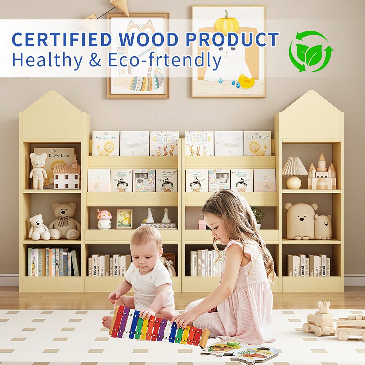 Wooden Kids Bookshelf And Toy Storage Organizer With 6 Compartments And Baskets For Books And Toys
