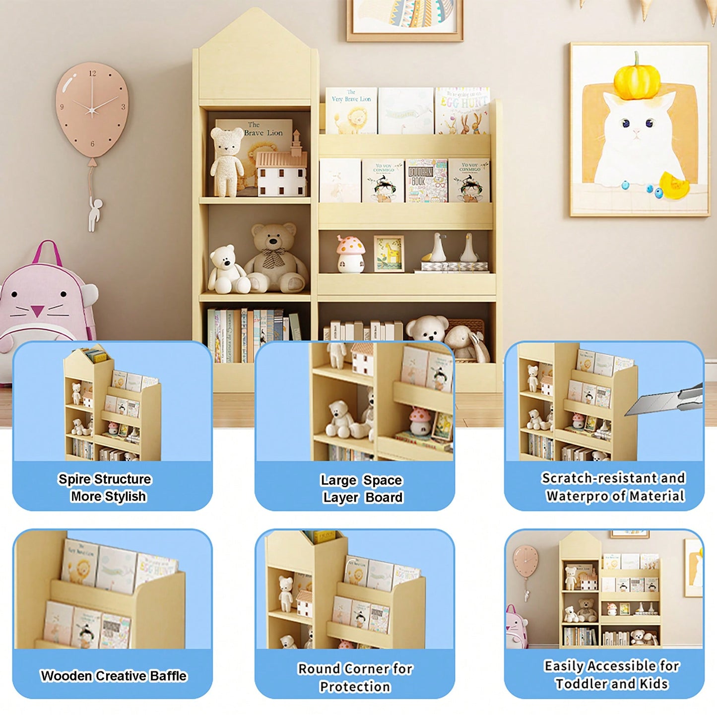 Wooden Kids Bookshelf And Toy Storage Organizer With 6 Compartments And Baskets For Books And Toys