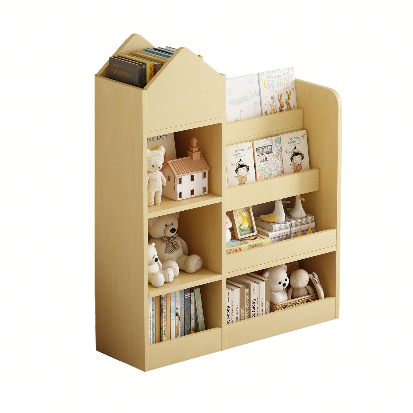 Wooden Kids Bookshelf And Toy Storage Organizer With 6 Compartments And Baskets For Books And Toys