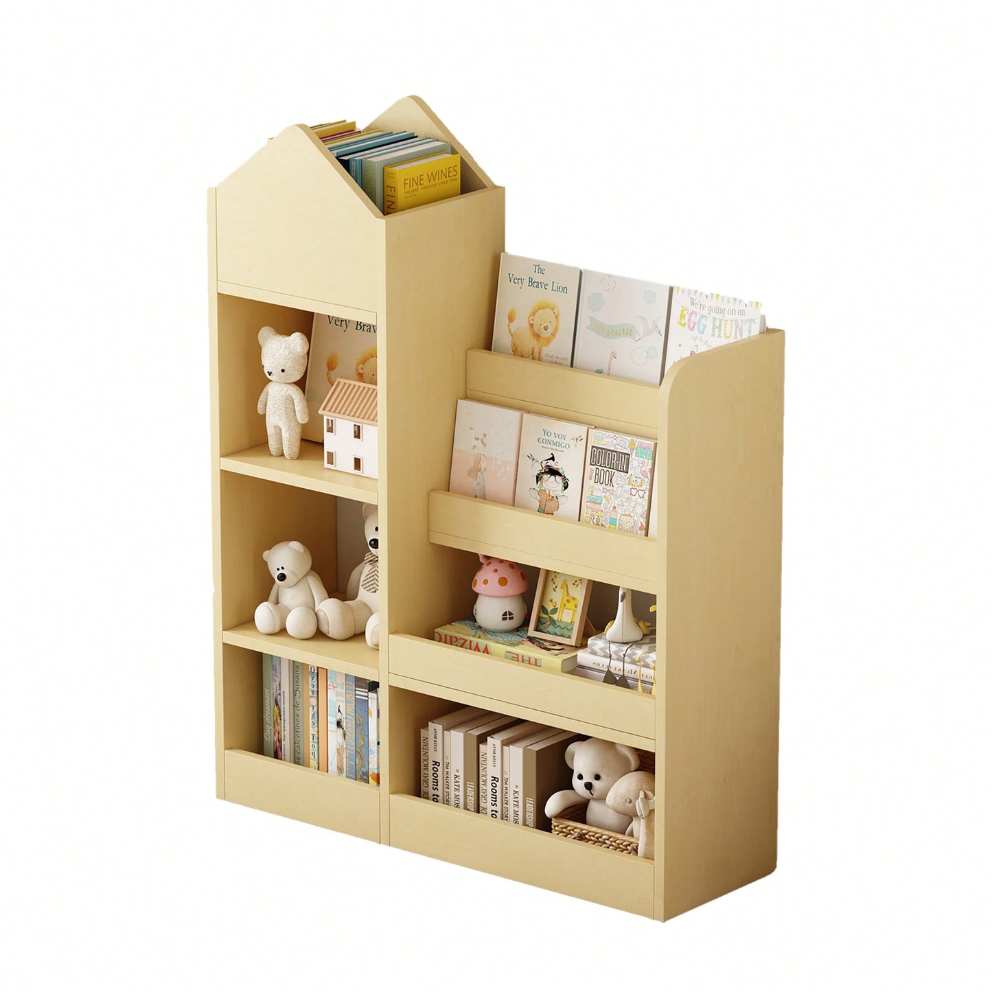 Wooden Kids Bookshelf And Toy Storage Organizer With 6 Compartments And Baskets For Books And Toys