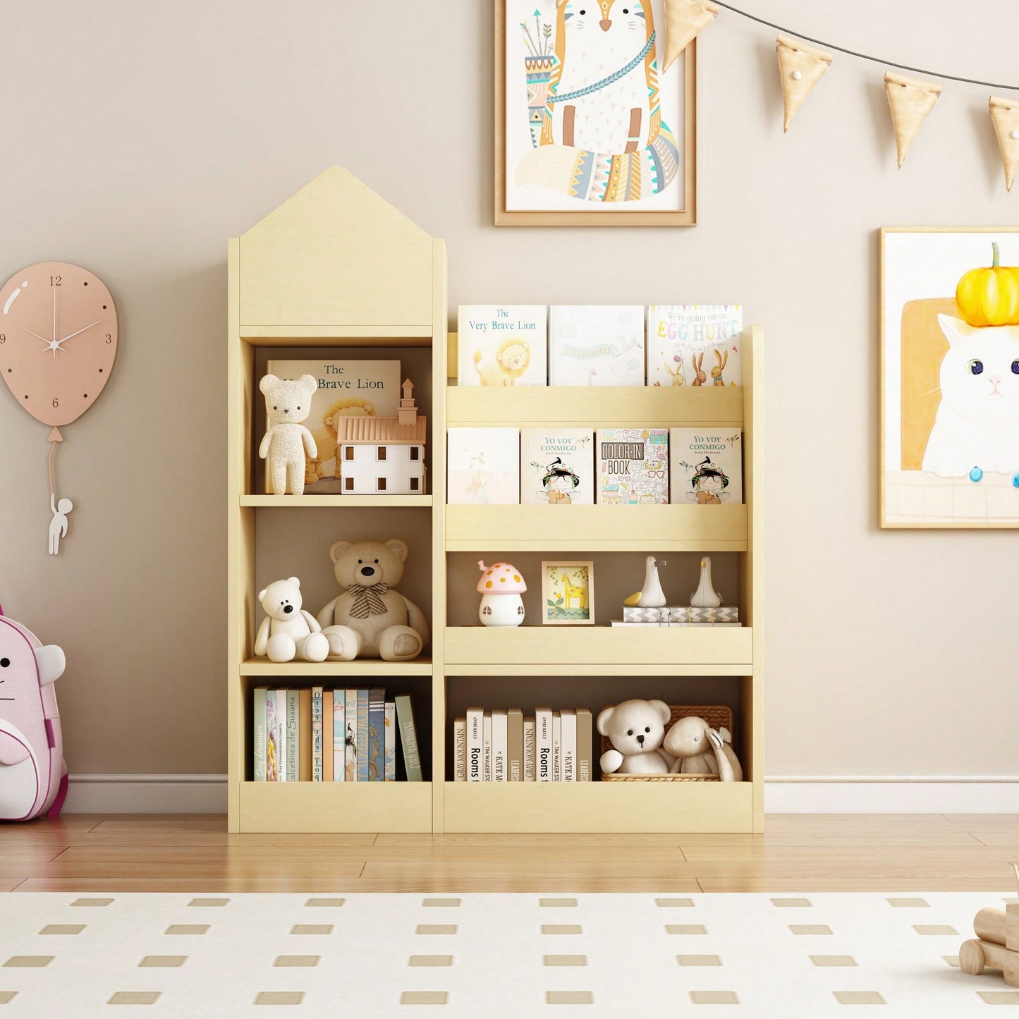 Wooden Kids Bookshelf And Toy Storage Organizer With 6 Compartments And Baskets For Books And Toys
