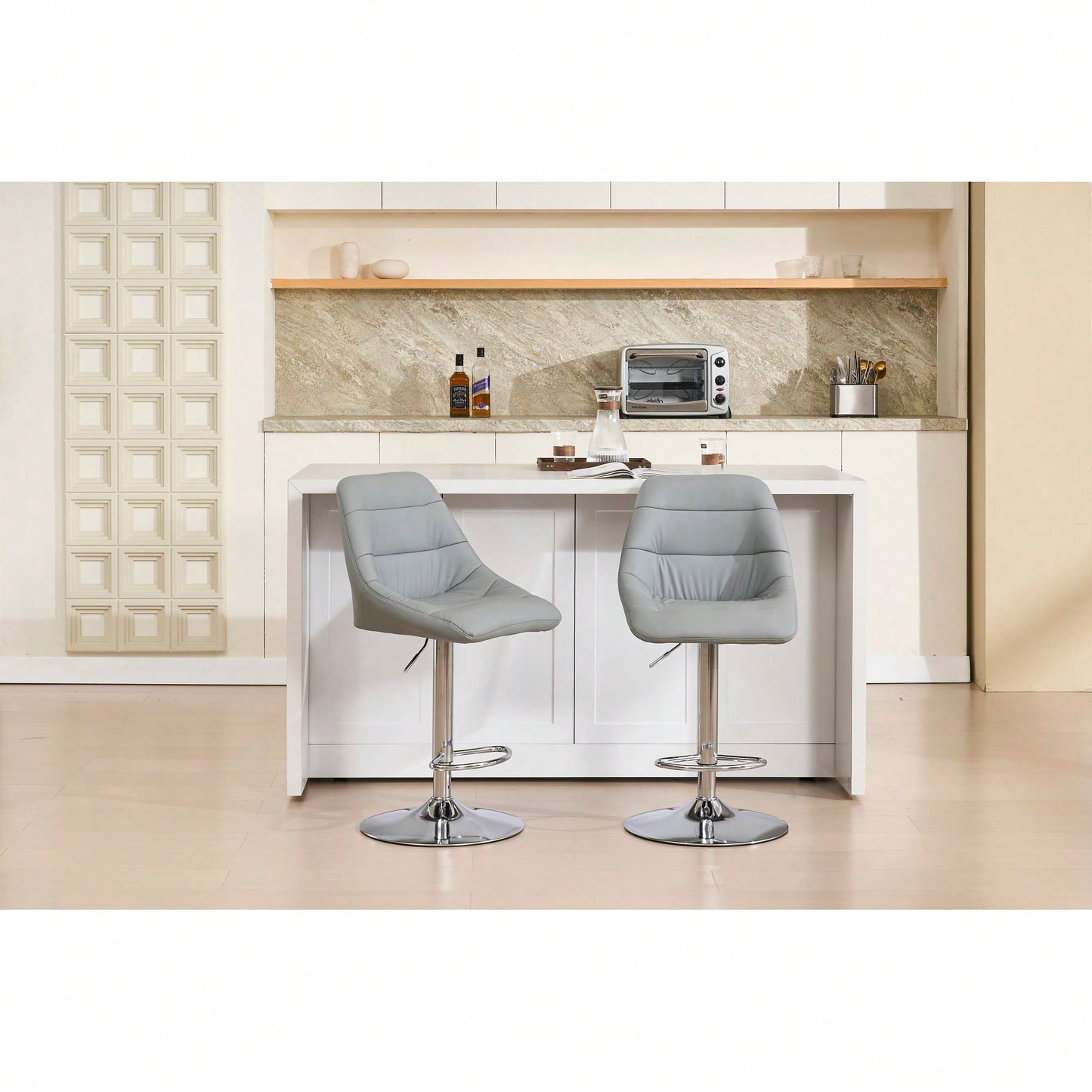 Set Of 2 Adjustable Height Swivel Bar Stools With Chrome Footrest And Base Velvet Upholstery In Grey Easy To Clean