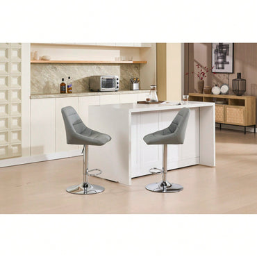 Set Of 2 Adjustable Height Swivel Bar Stools With Chrome Footrest And Base Velvet Upholstery In Grey Easy To Clean