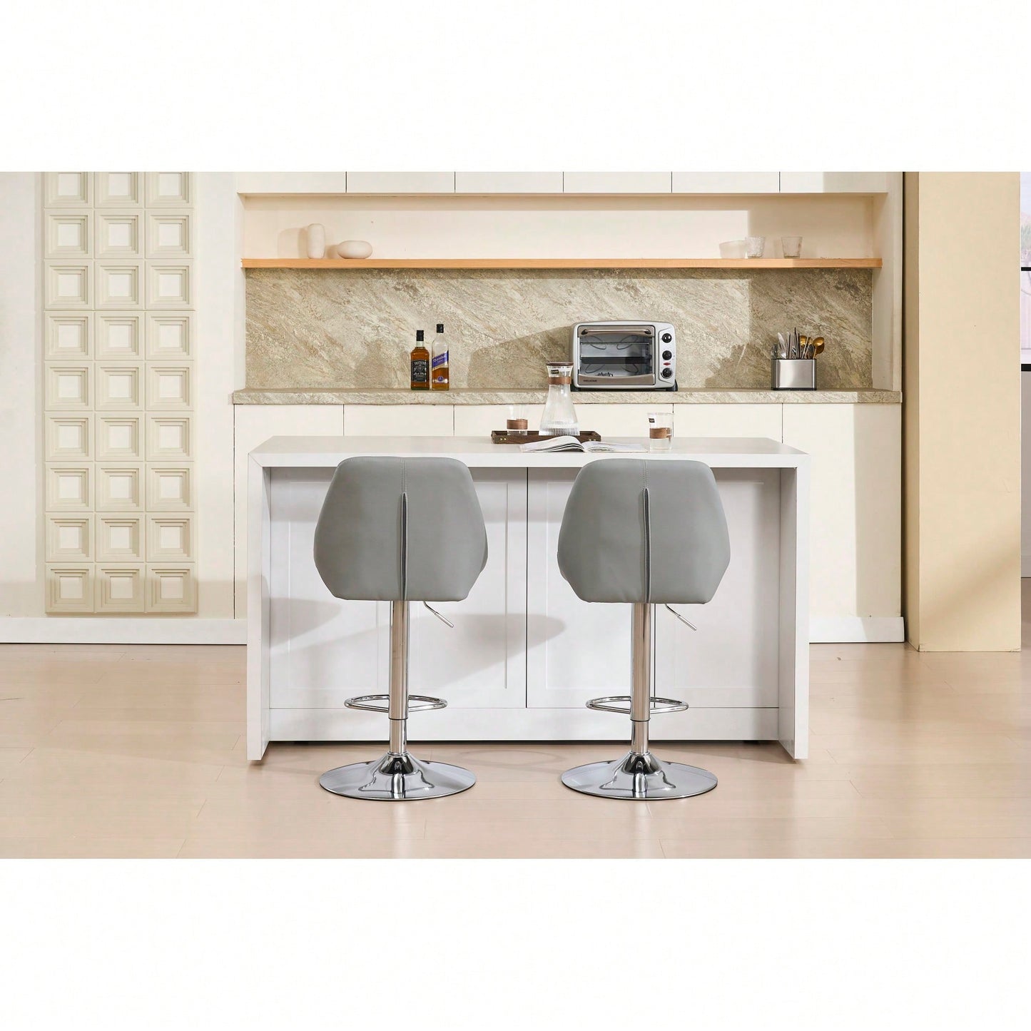 Set Of 2 Adjustable Height Swivel Bar Stools With Chrome Footrest And Base Velvet Upholstery In Grey Easy To Clean