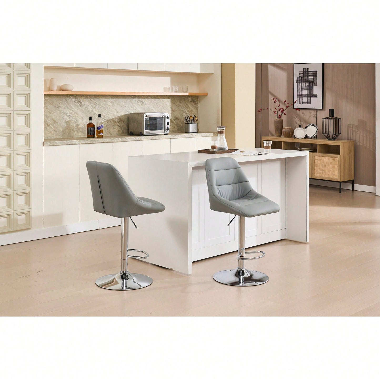 Set Of 2 Adjustable Height Swivel Bar Stools With Chrome Footrest And Base Velvet Upholstery In Grey Easy To Clean