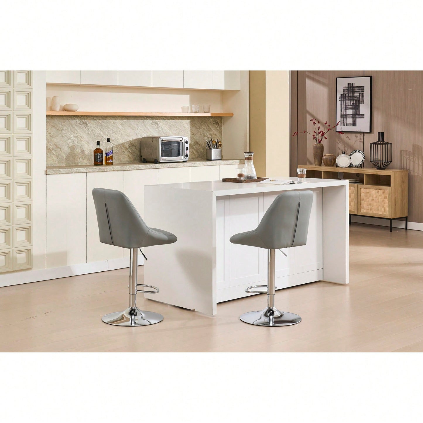 Set Of 2 Adjustable Height Swivel Bar Stools With Chrome Footrest And Base Velvet Upholstery In Grey Easy To Clean
