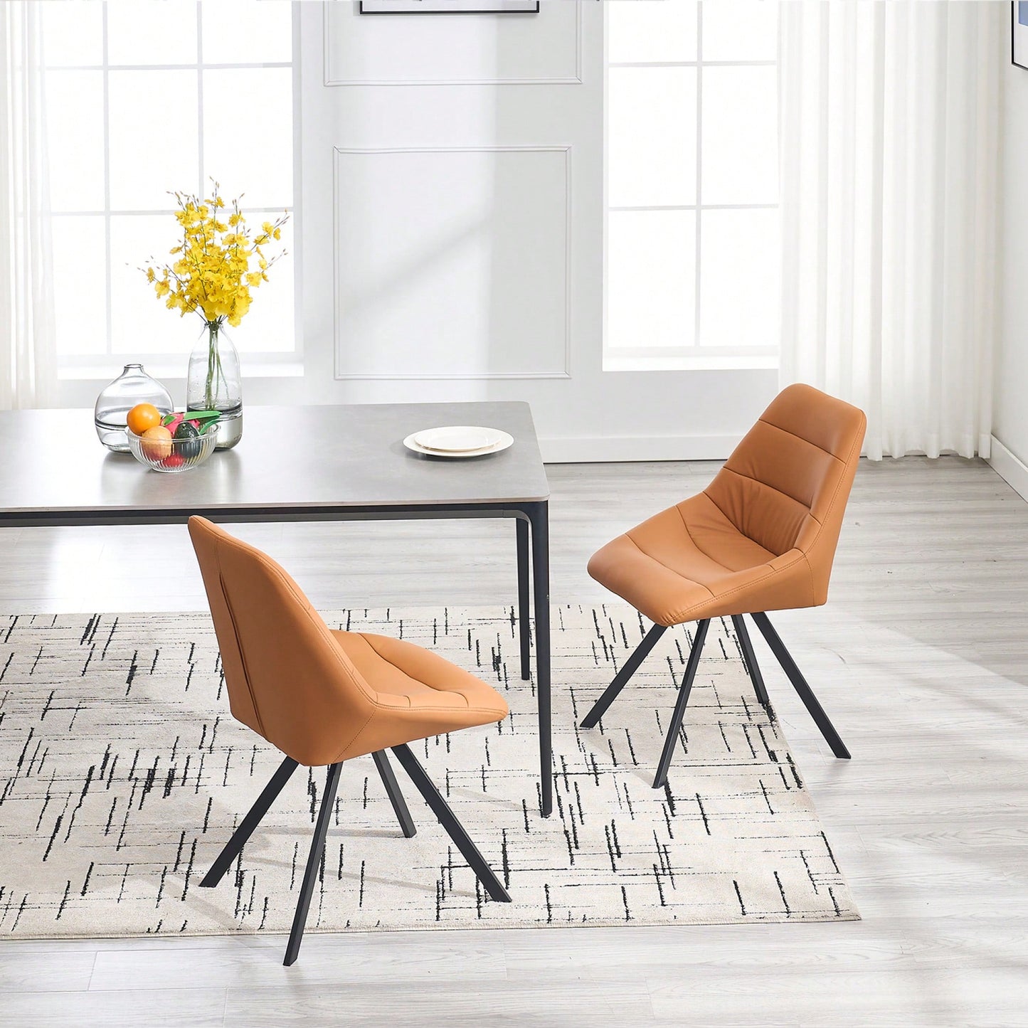 Set Of 2 Grey Thick Fabric Dining Chairs With Sturdy Metal Legs