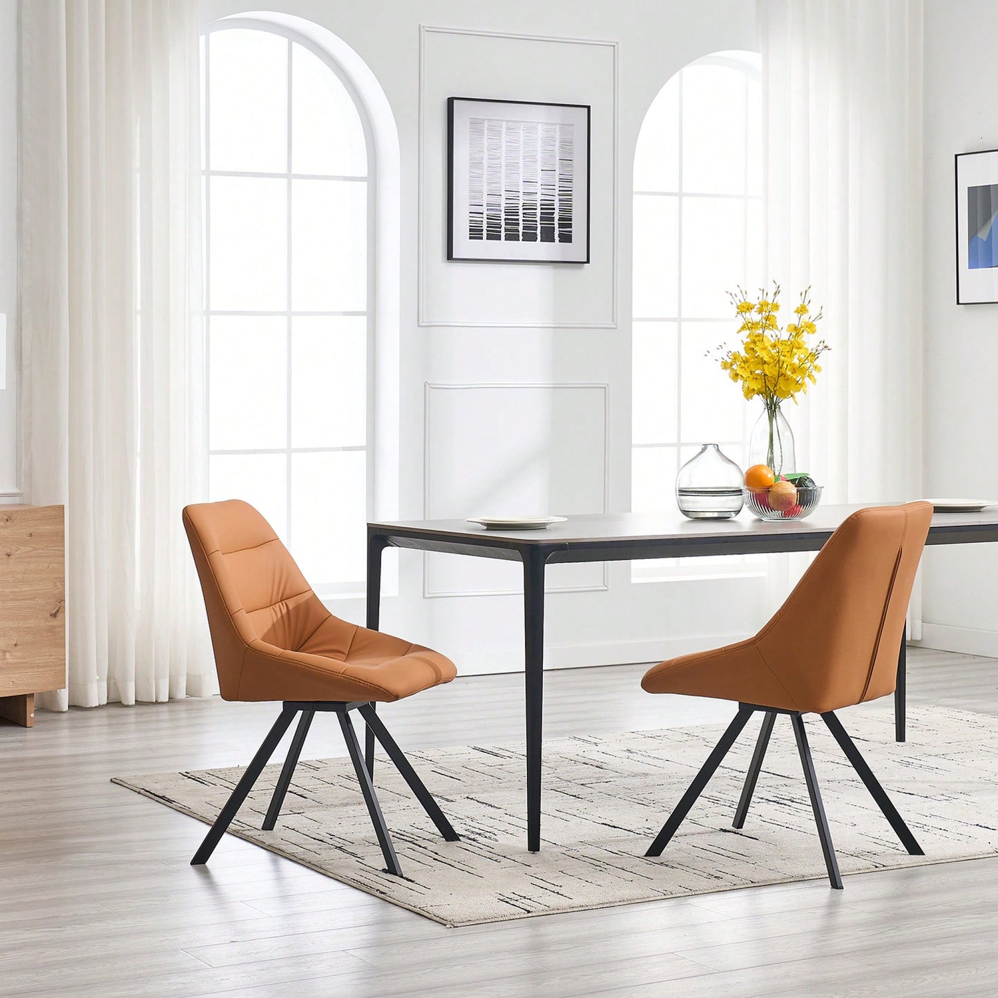 Set Of 2 Grey Thick Fabric Dining Chairs With Sturdy Metal Legs