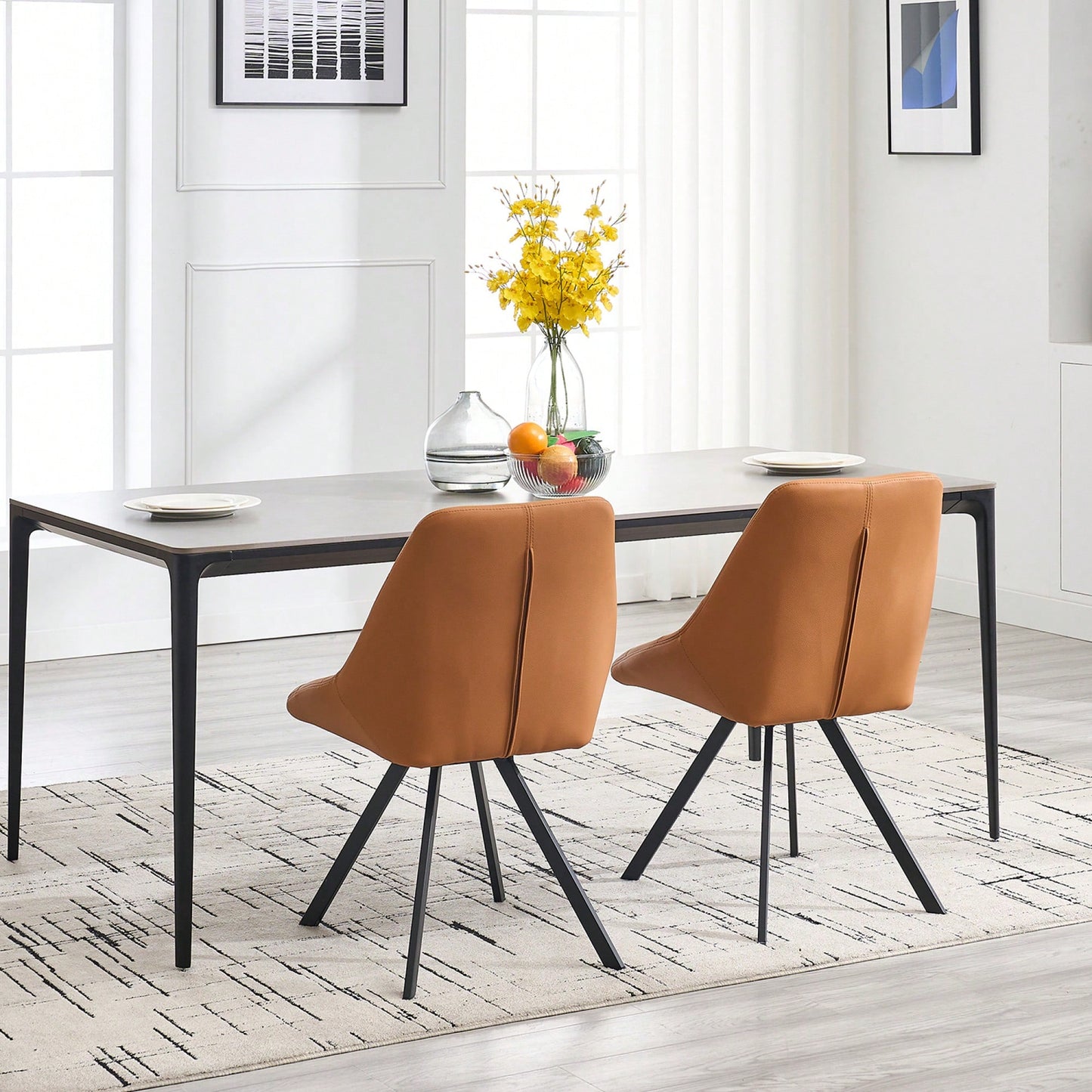 Set Of 2 Grey Thick Fabric Dining Chairs With Sturdy Metal Legs