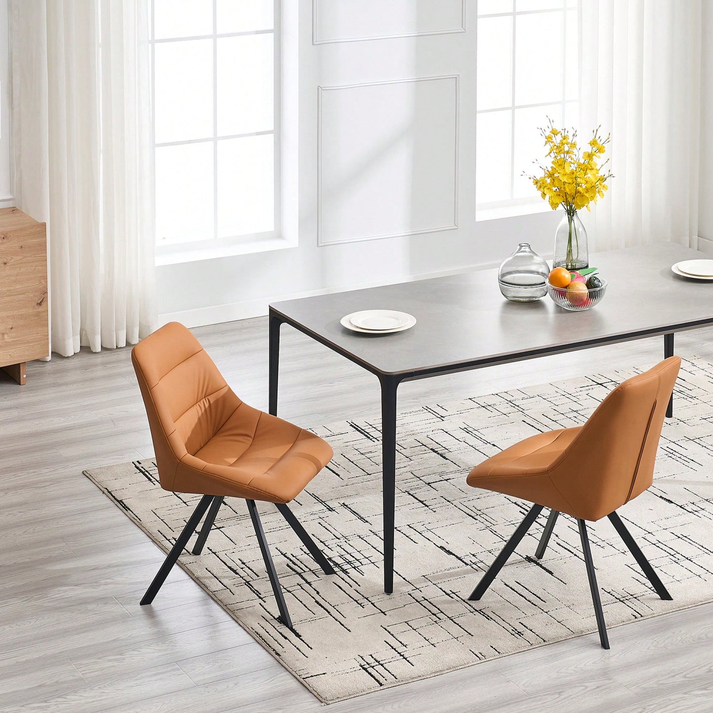 Set Of 2 Grey Thick Fabric Dining Chairs With Sturdy Metal Legs
