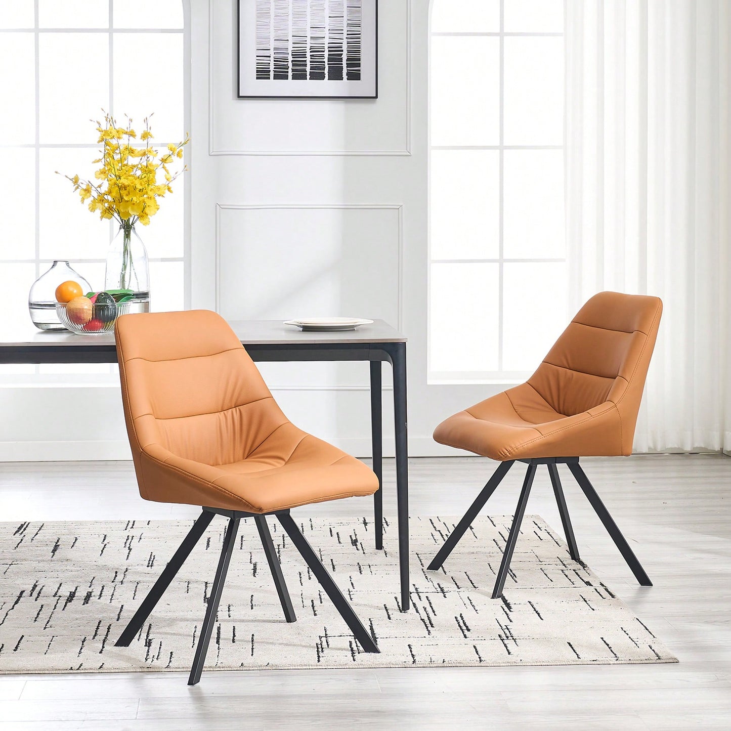 Set Of 2 Grey Thick Fabric Dining Chairs With Sturdy Metal Legs