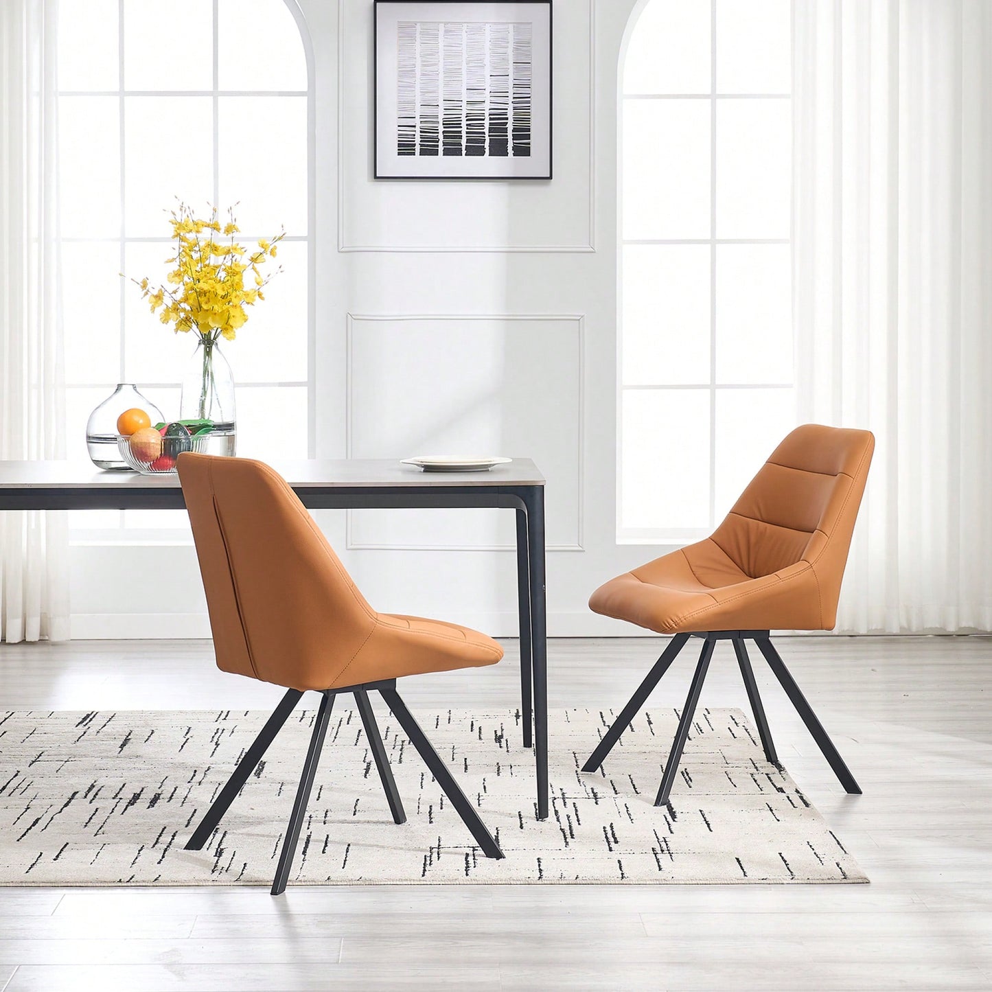 Set Of 2 Grey Thick Fabric Dining Chairs With Sturdy Metal Legs