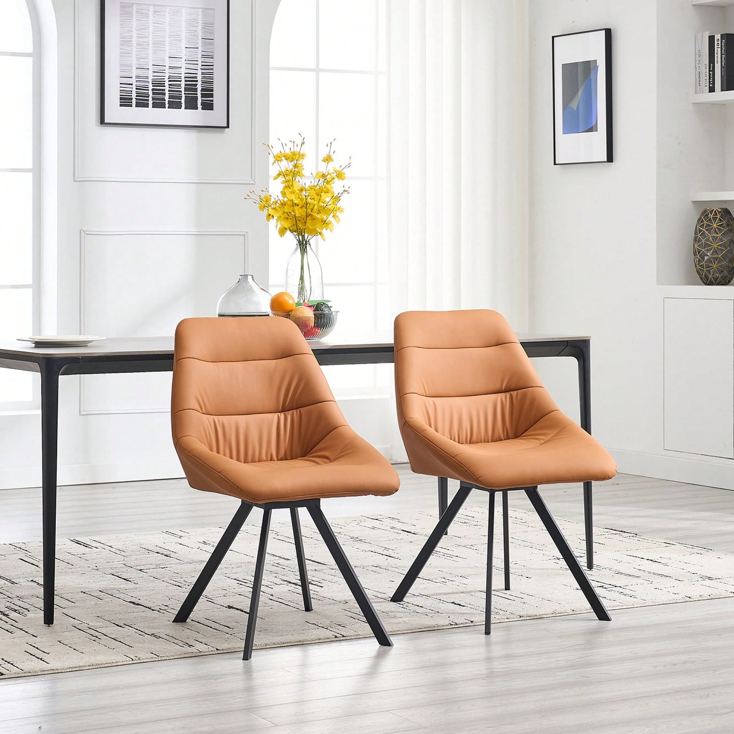 Set Of 2 Grey Thick Fabric Dining Chairs With Sturdy Metal Legs