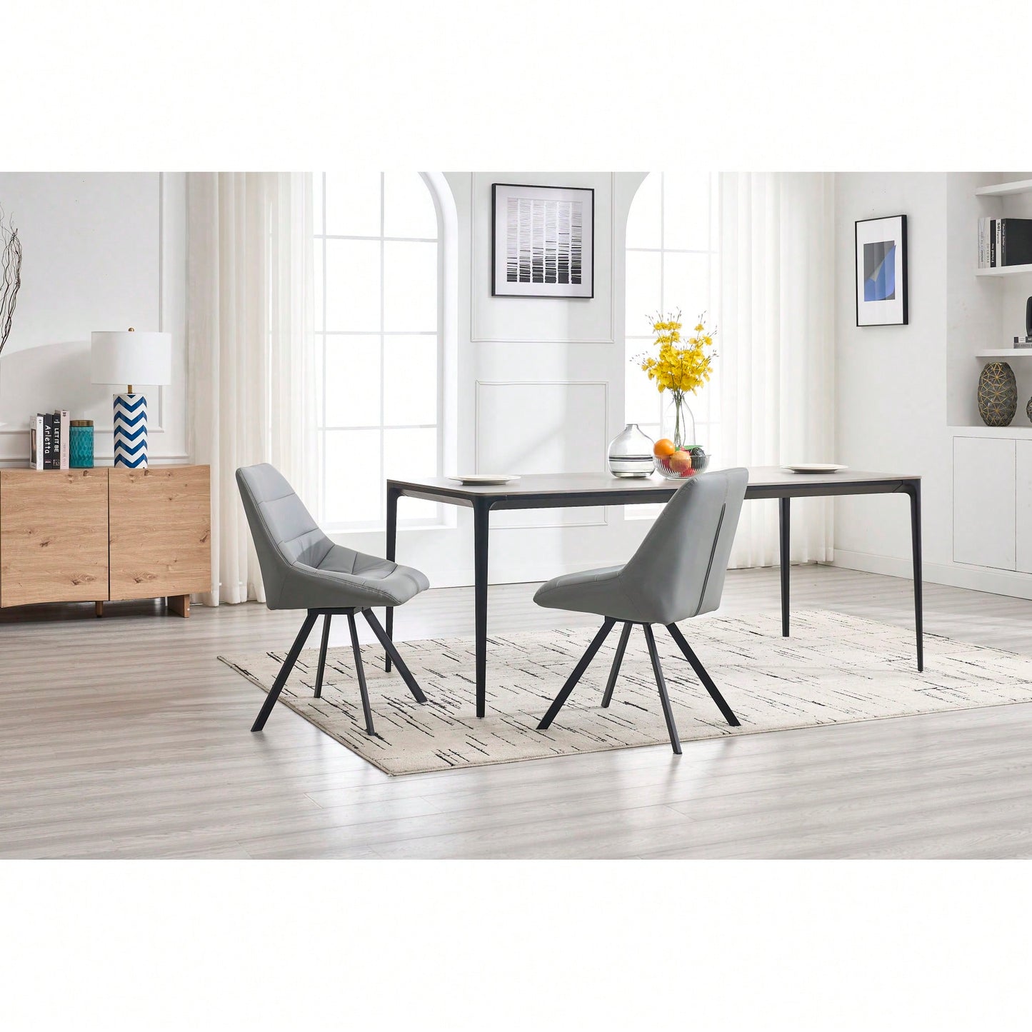 Set Of 2 Grey Thick Fabric Dining Chairs With Sturdy Metal Legs