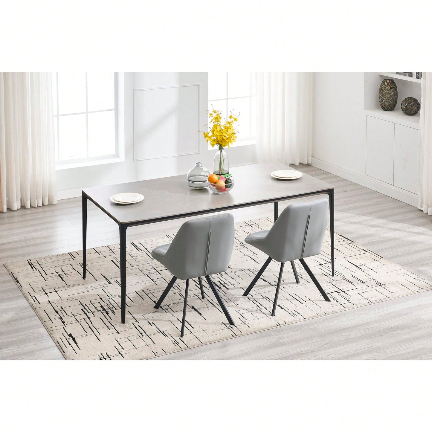 Set Of 2 Grey Thick Fabric Dining Chairs With Sturdy Metal Legs