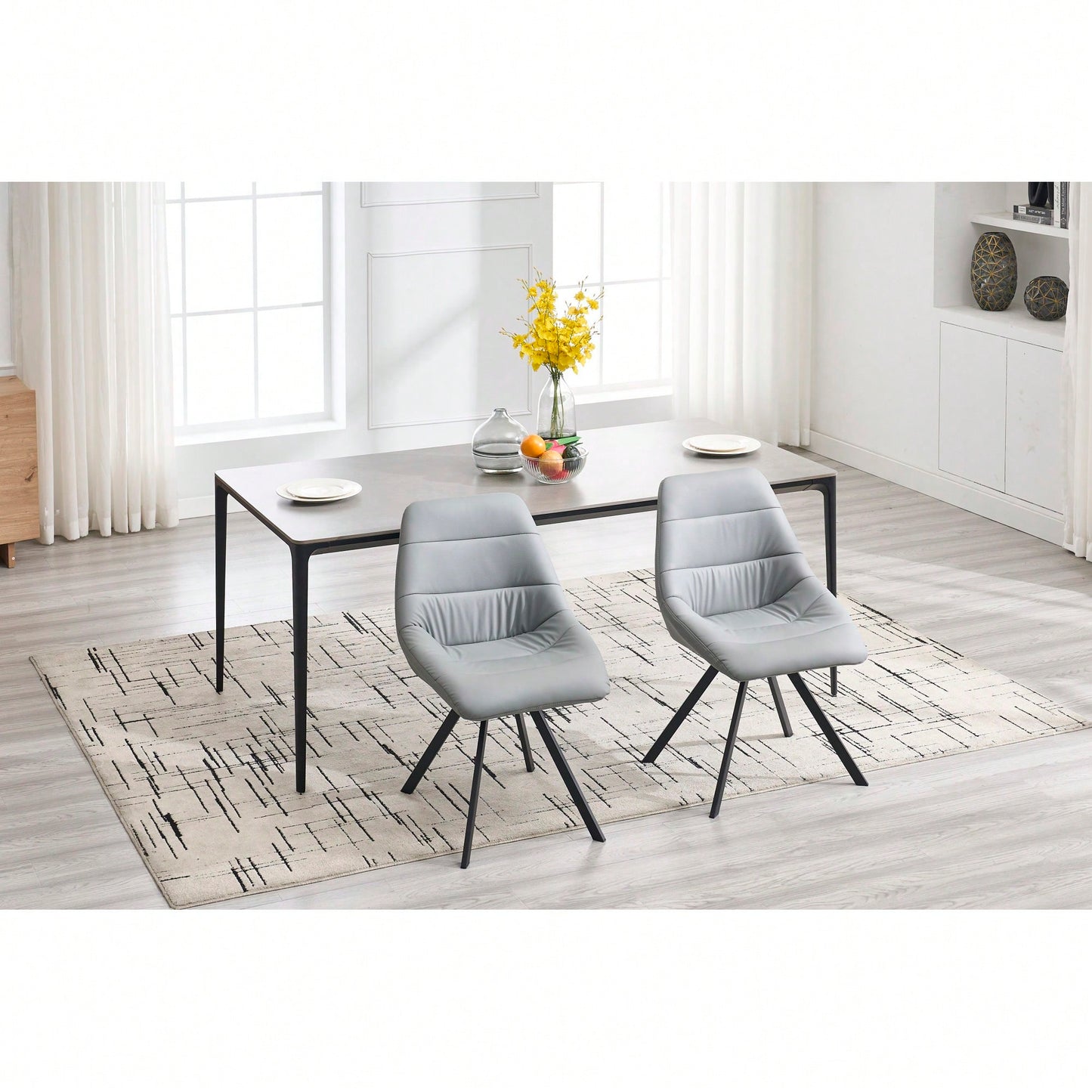Set Of 2 Grey Thick Fabric Dining Chairs With Sturdy Metal Legs