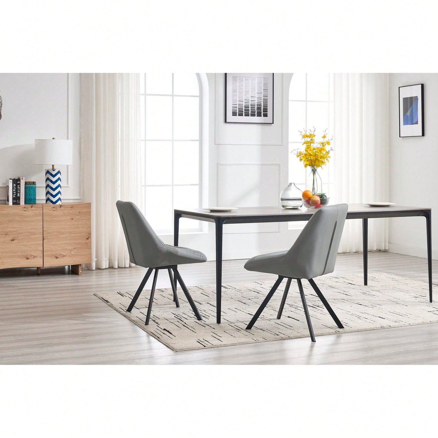 Set Of 2 Grey Thick Fabric Dining Chairs With Sturdy Metal Legs