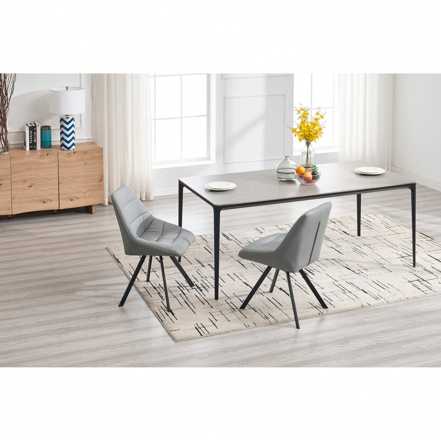 Set Of 2 Grey Thick Fabric Dining Chairs With Sturdy Metal Legs