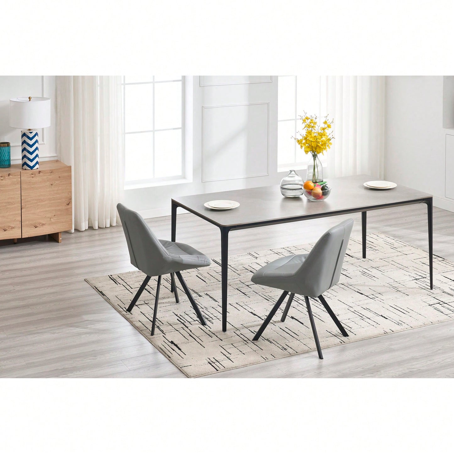 Set Of 2 Grey Thick Fabric Dining Chairs With Sturdy Metal Legs