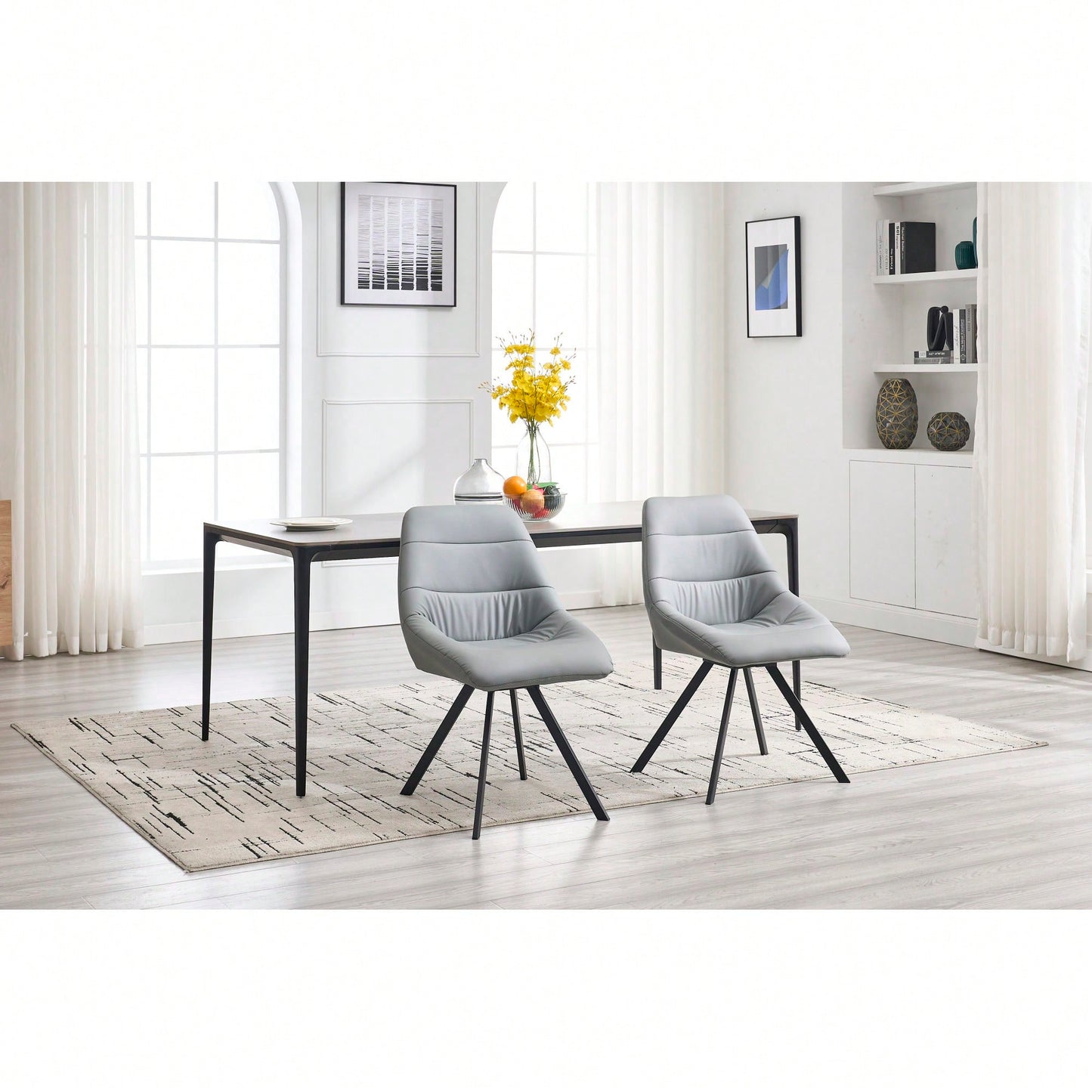 Set Of 2 Grey Thick Fabric Dining Chairs With Sturdy Metal Legs