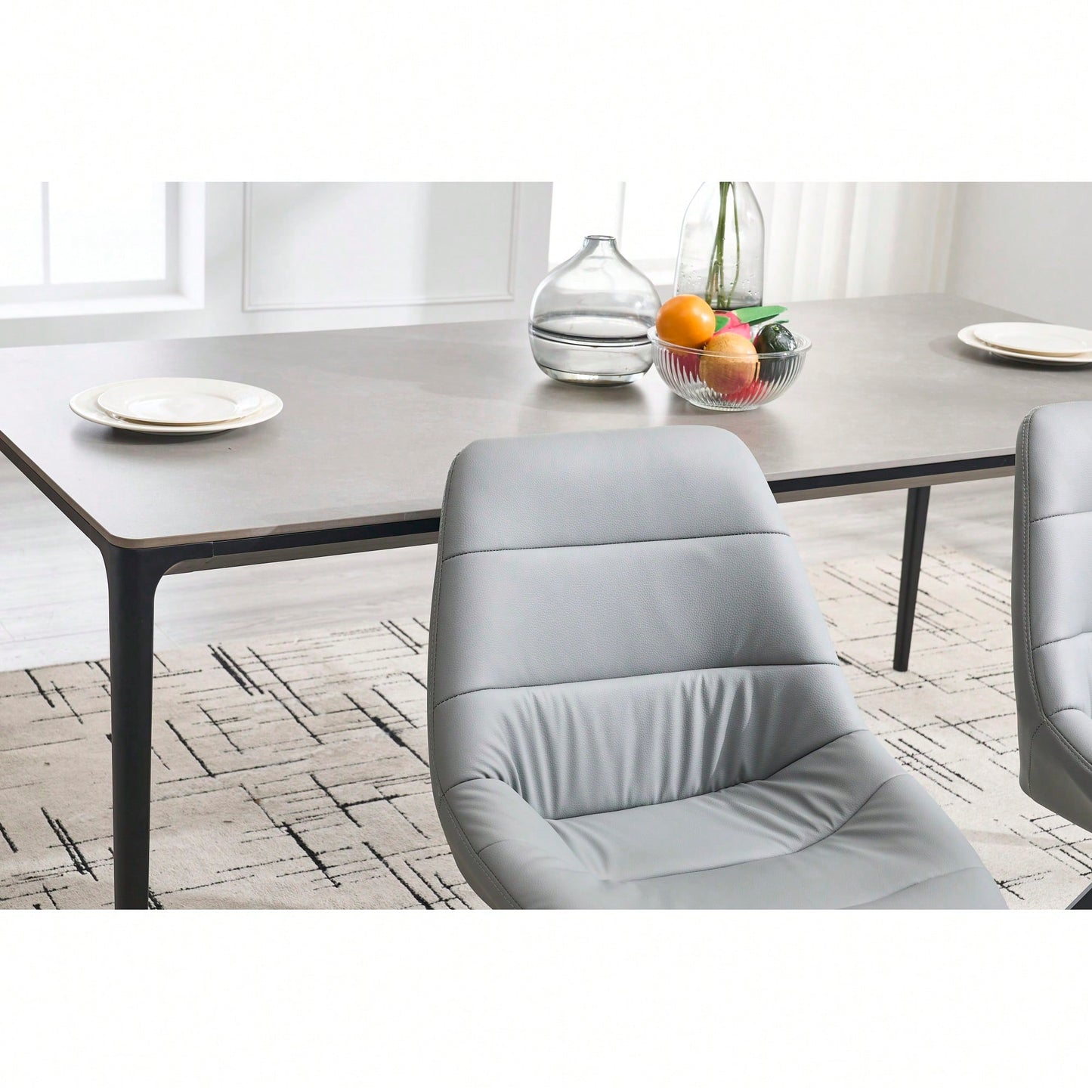 Set Of 2 Grey Thick Fabric Dining Chairs With Sturdy Metal Legs