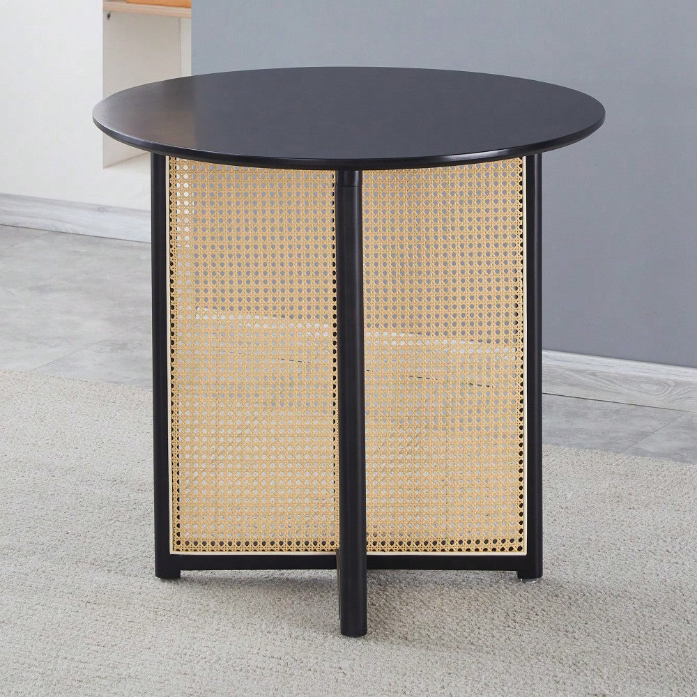 Solid Wood Round Dining Table With Rattan Accents For 2-4 People 31.5 Inch Diameter Black