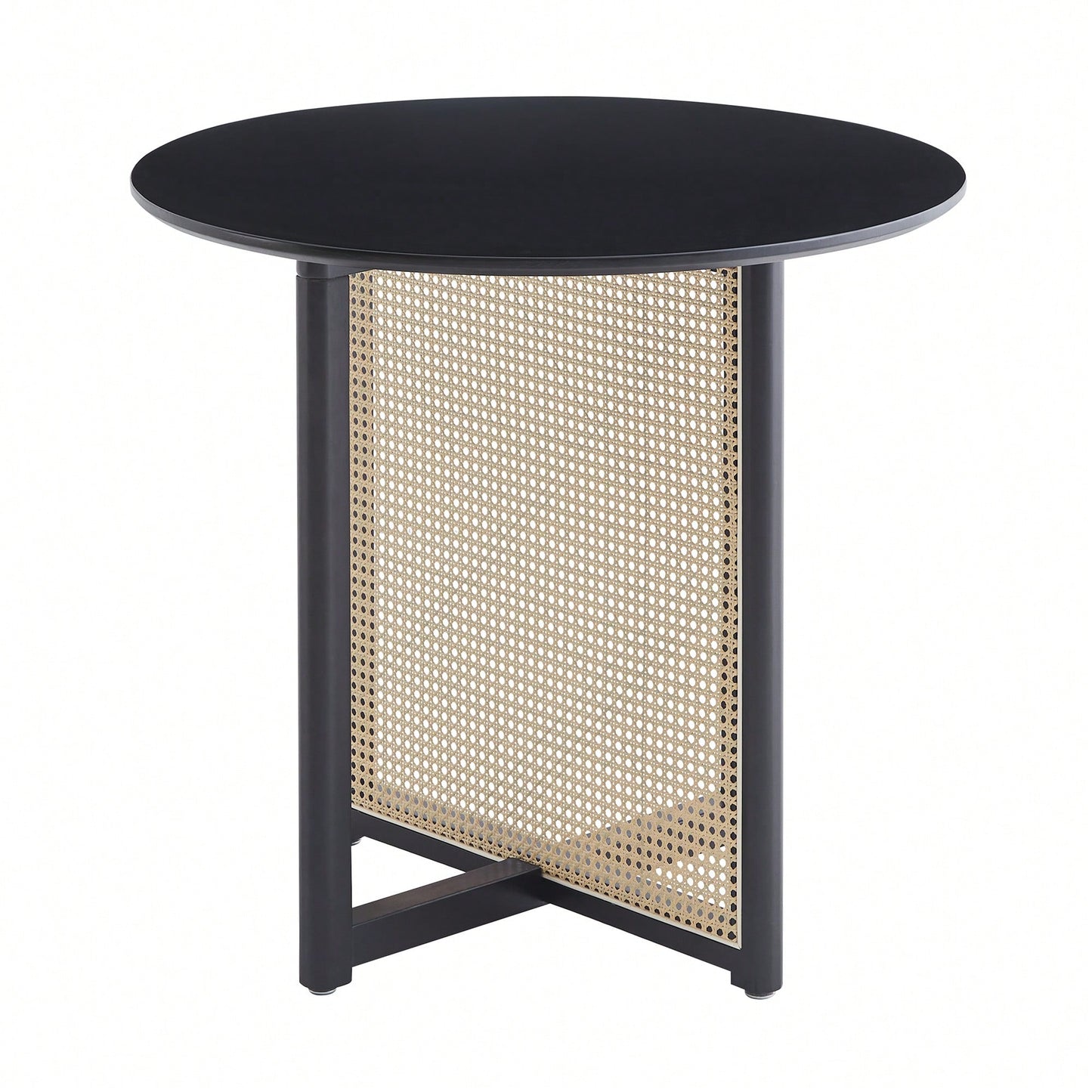 Solid Wood Round Dining Table With Rattan Accents For 2-4 People 31.5 Inch Diameter Black