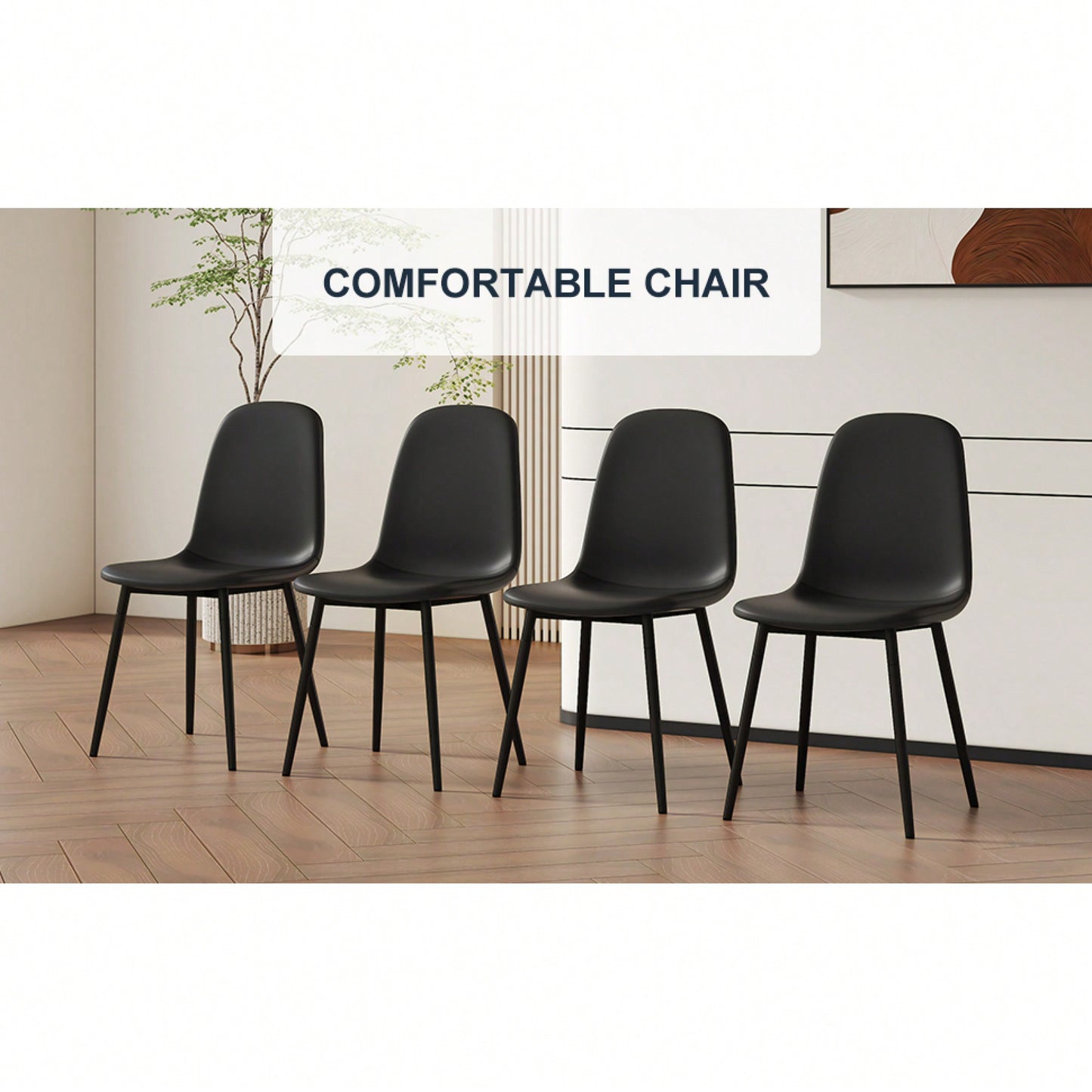 Set Of 4 Stylish Modern Minimalist Black Dining Chair Set Of Four Comfortable Upholstered Spoon Shaped Chairs With Sturdy Black Metal Legs