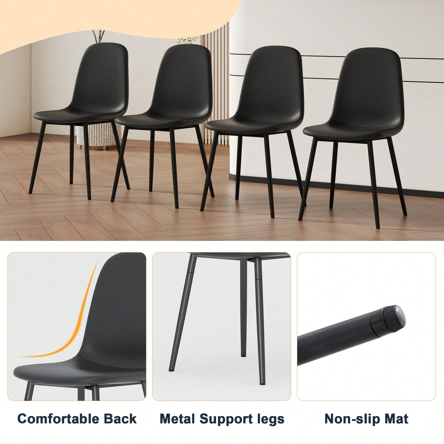 Set Of 4 Stylish Modern Minimalist Black Dining Chair Set Of Four Comfortable Upholstered Spoon Shaped Chairs With Sturdy Black Metal Legs