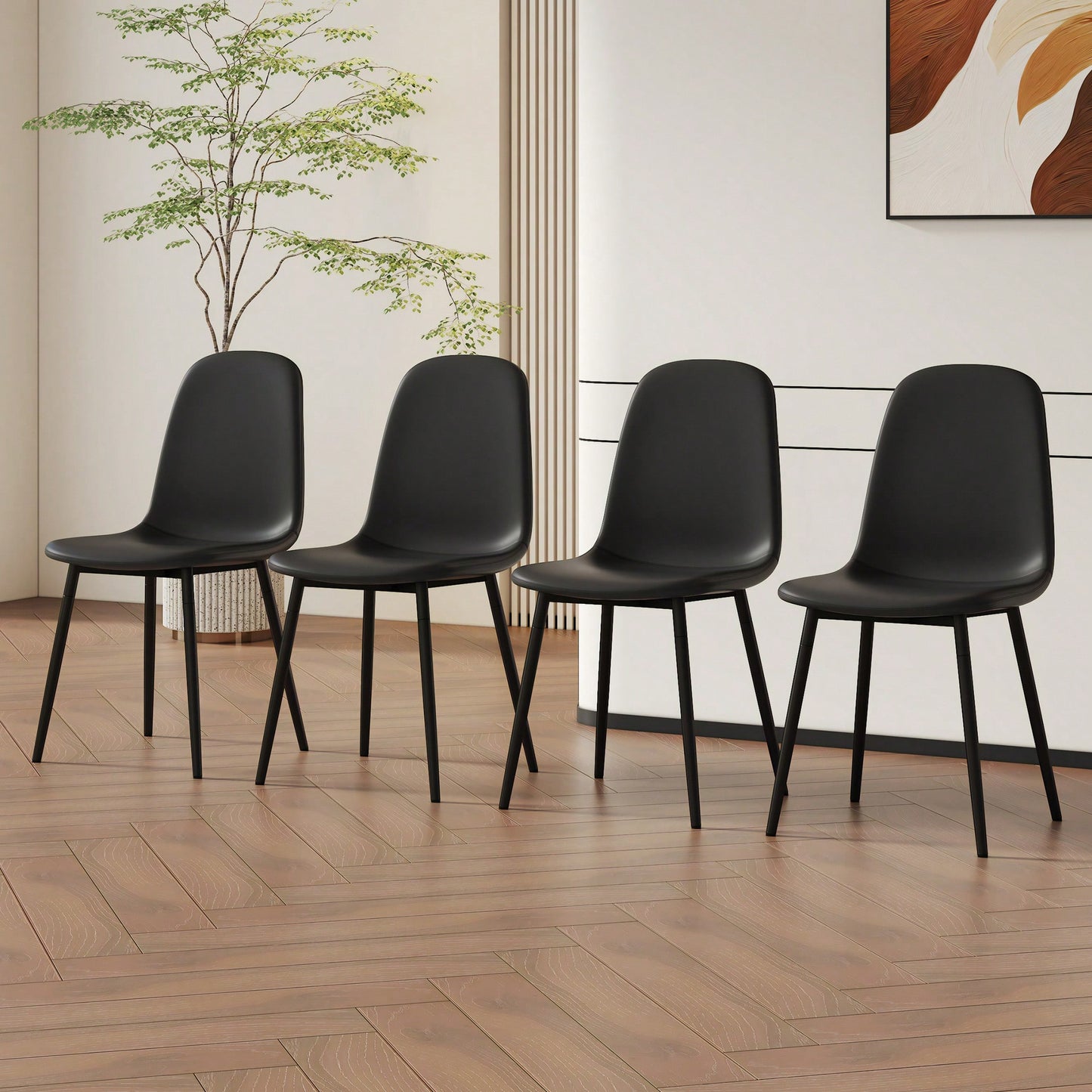 Set Of 4 Stylish Modern Minimalist Black Dining Chair Set Of Four Comfortable Upholstered Spoon Shaped Chairs With Sturdy Black Metal Legs
