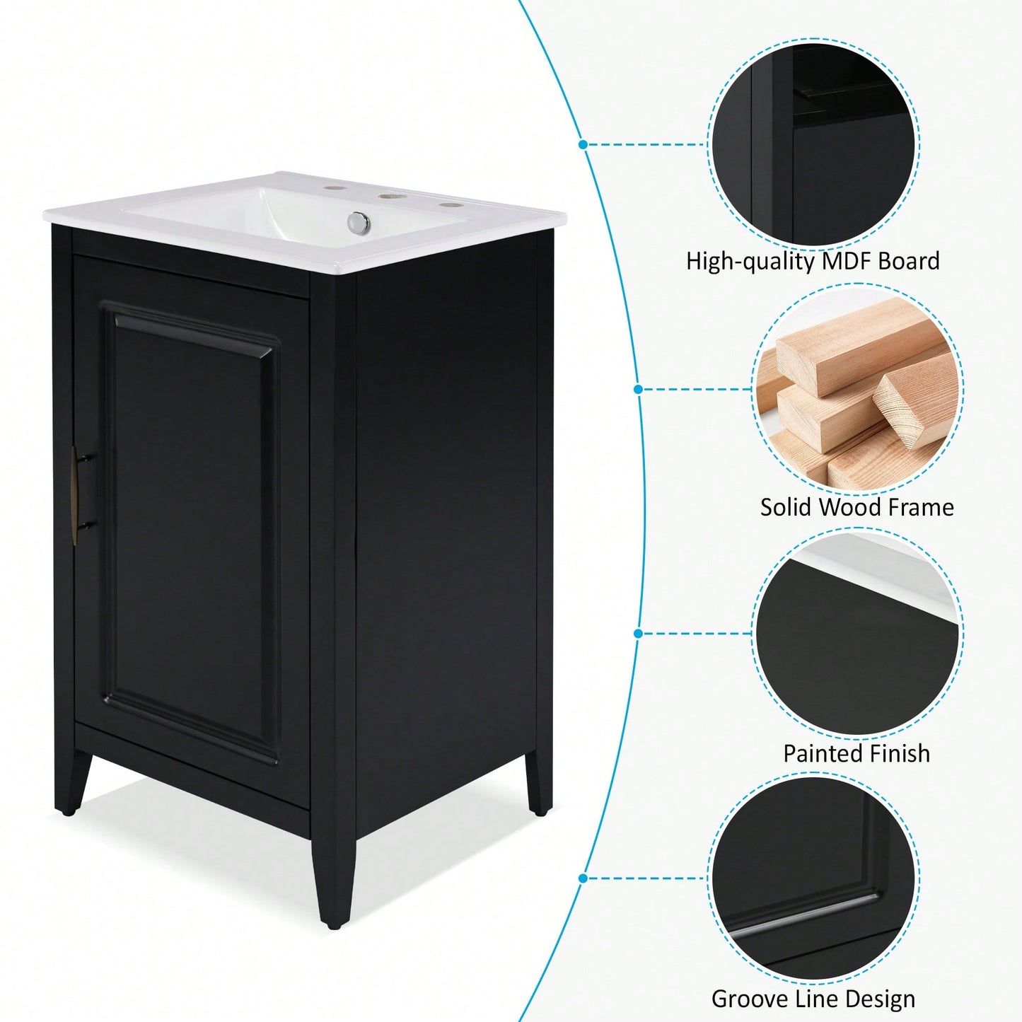 20.3 Inch Black Bathroom Vanity With Sink Soft-Close Door Functional Drawer And Door Shelf