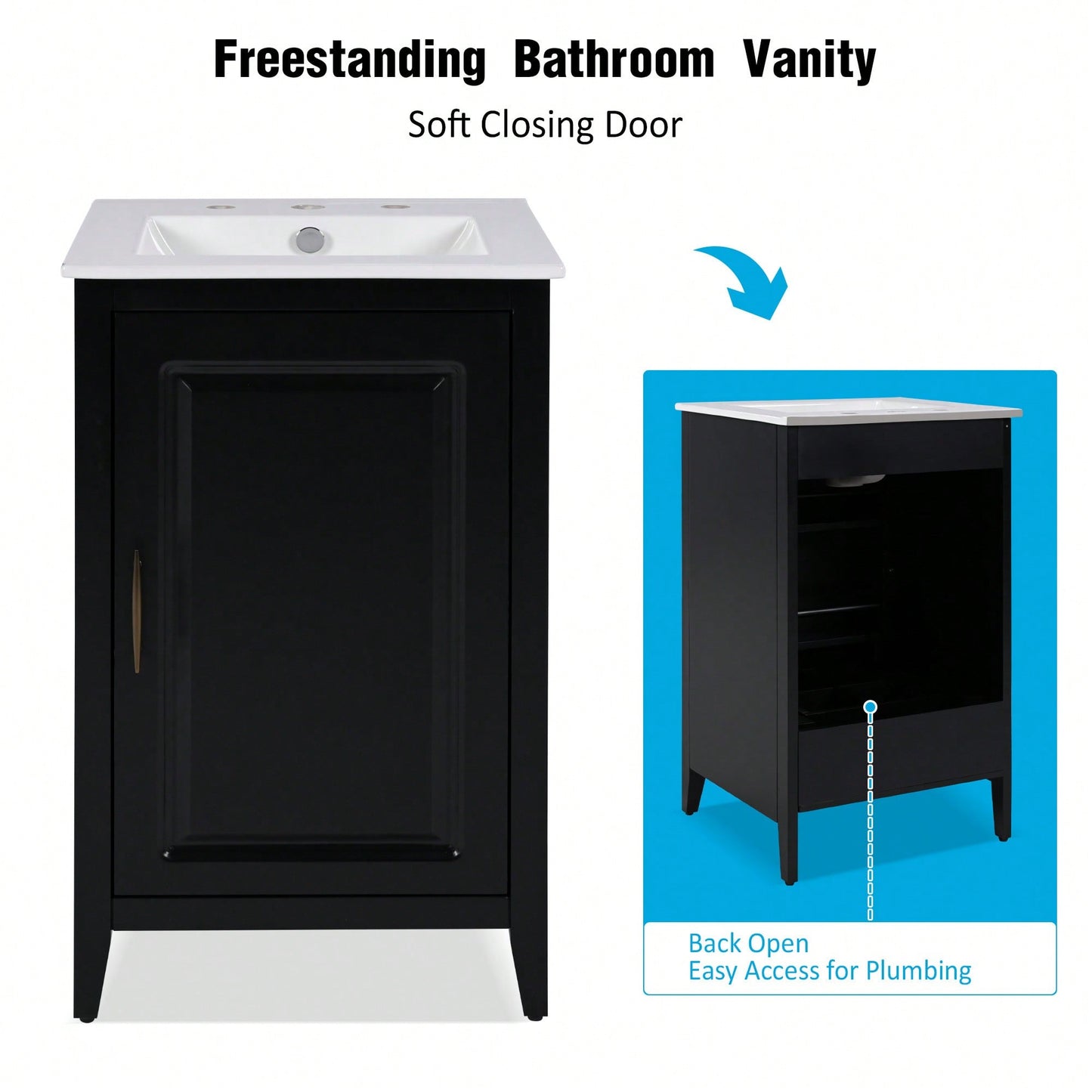 20.3 Inch Black Bathroom Vanity With Sink Soft-Close Door Functional Drawer And Door Shelf
